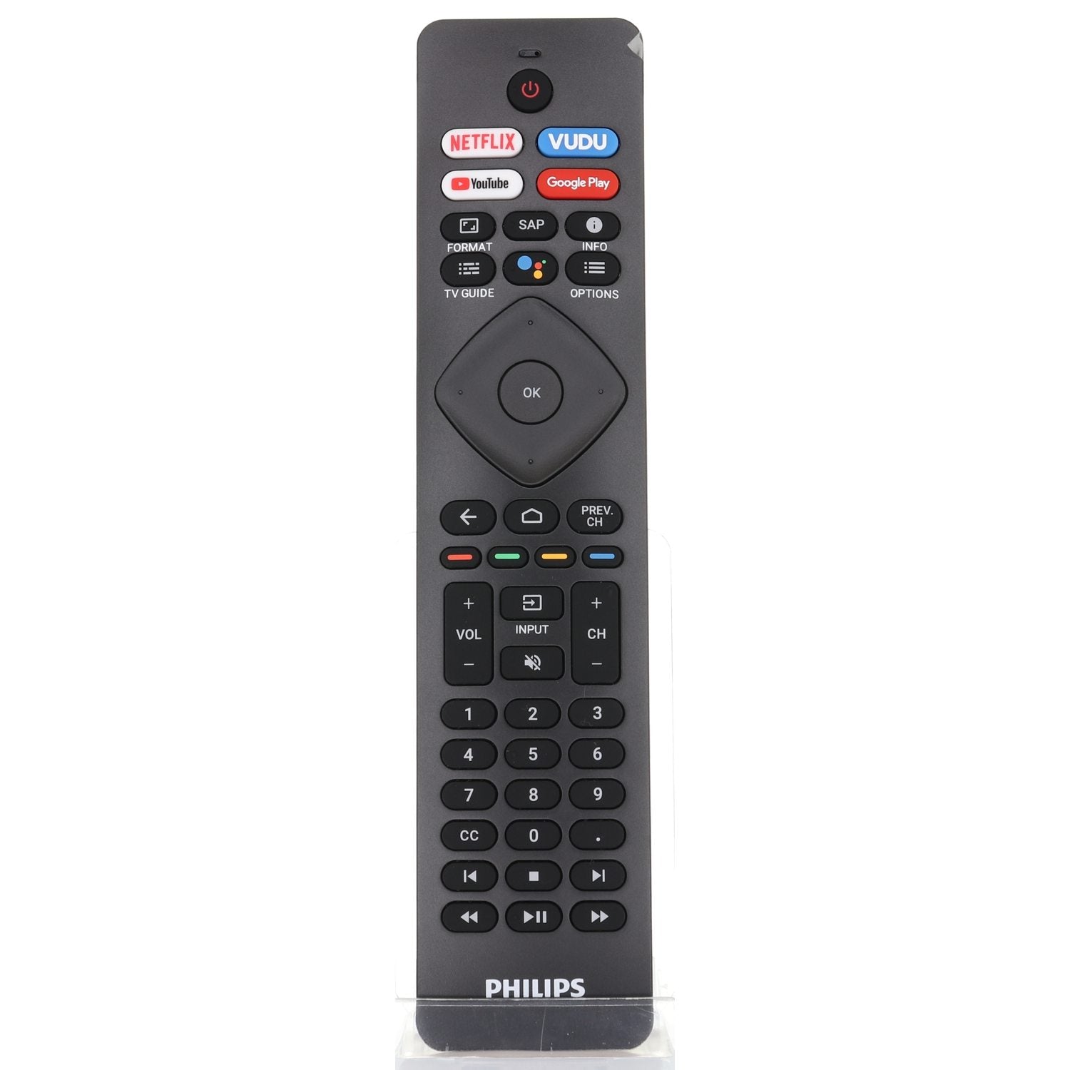 The Philips NH800UP Android TV Remote (URMT47CND002) in sleek black offers shortcut buttons for Netflix, YouTube, Vudu, and Google Play. It features numeric and navigation keys and provides easy access to Google Built-in services for the ultimate 4K Ultra HD Chromecast experience.