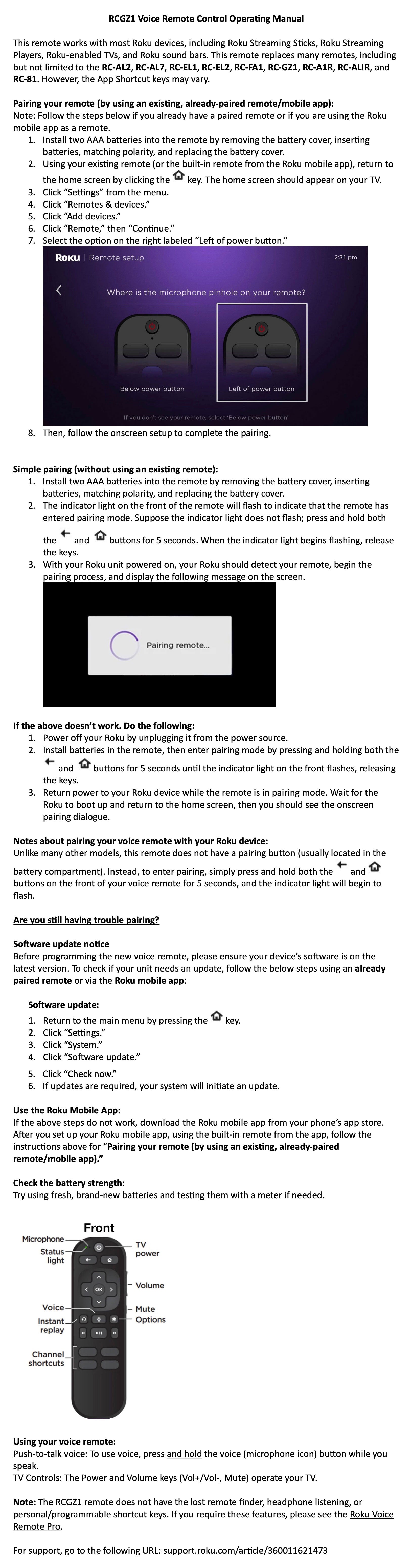 Roku RC-GZ1 Streaming Stick Remote Control | RF | Voice | NETFLIX | Disney+ | Apple TV+ | Roku Channel - 3026000204