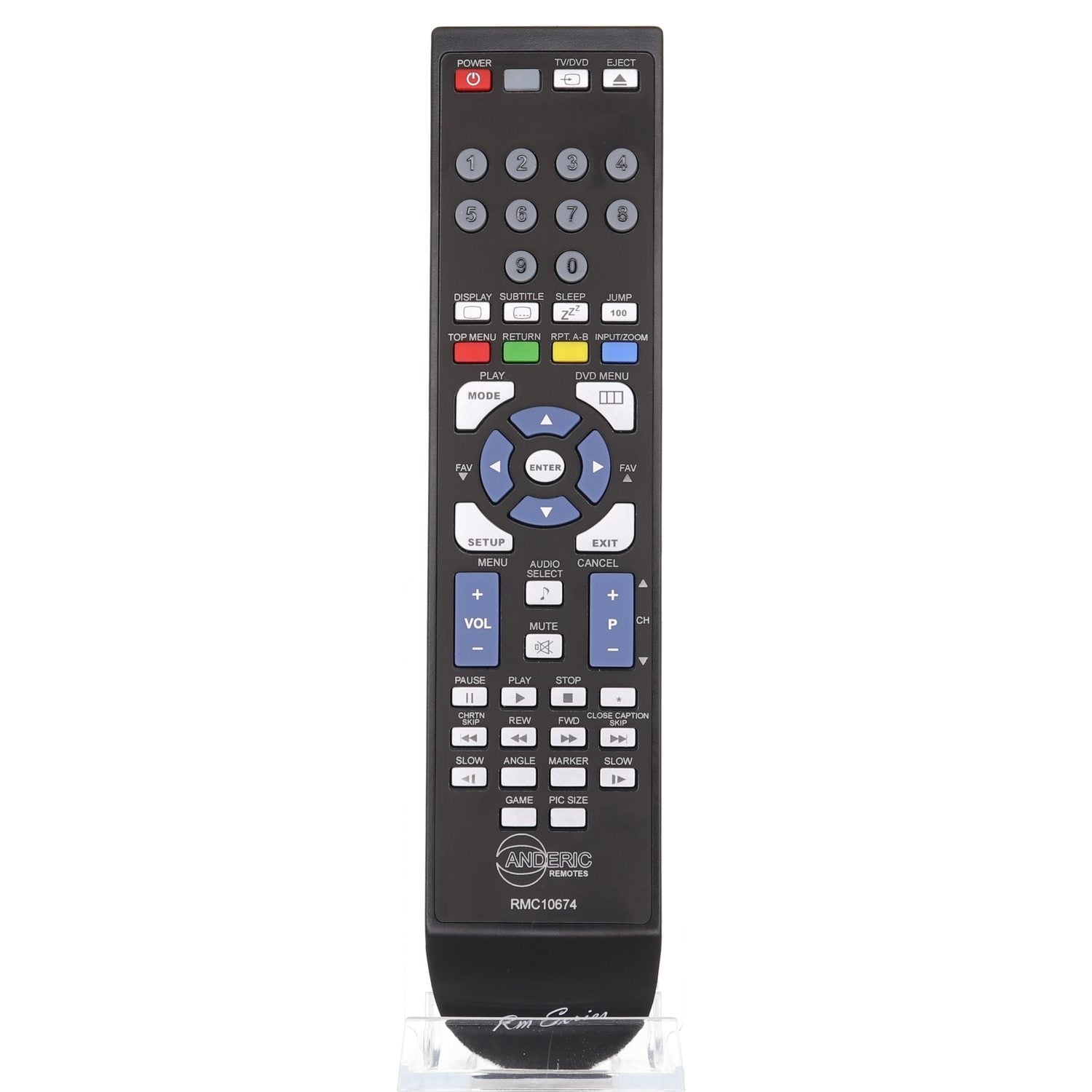 An Anderic SE-R0305 for Toshiba TV/DVD Remote Control, featuring numerous buttons for functions like power, volume, mute, and numeric keys, is displayed upright on a stand.