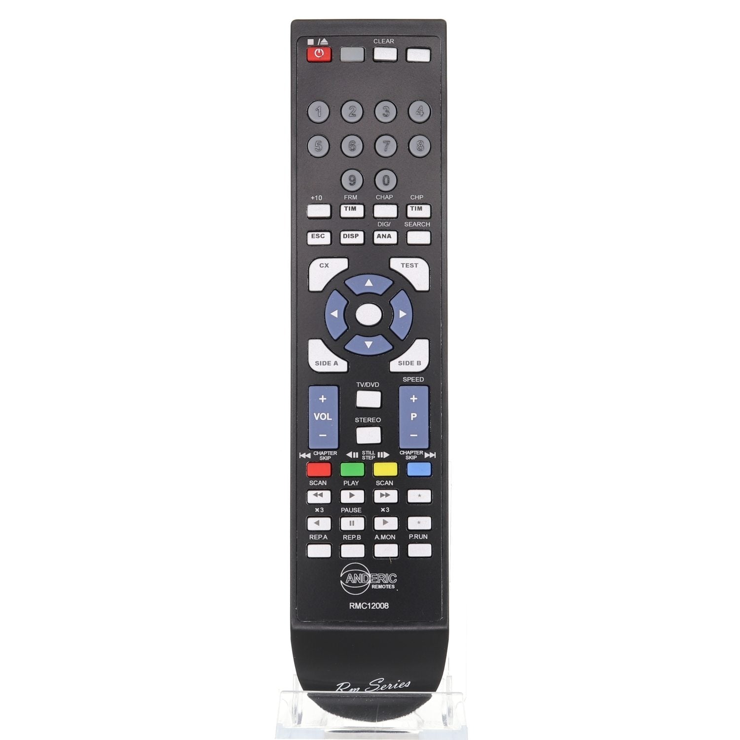 The Anderic RMC12008 Service for Sony DVD Remote Control is a black universal remote designed for Sony service needs. It stands upright on a transparent stand and features numerous buttons labeled for functions like power, volume, channel, and input selection.