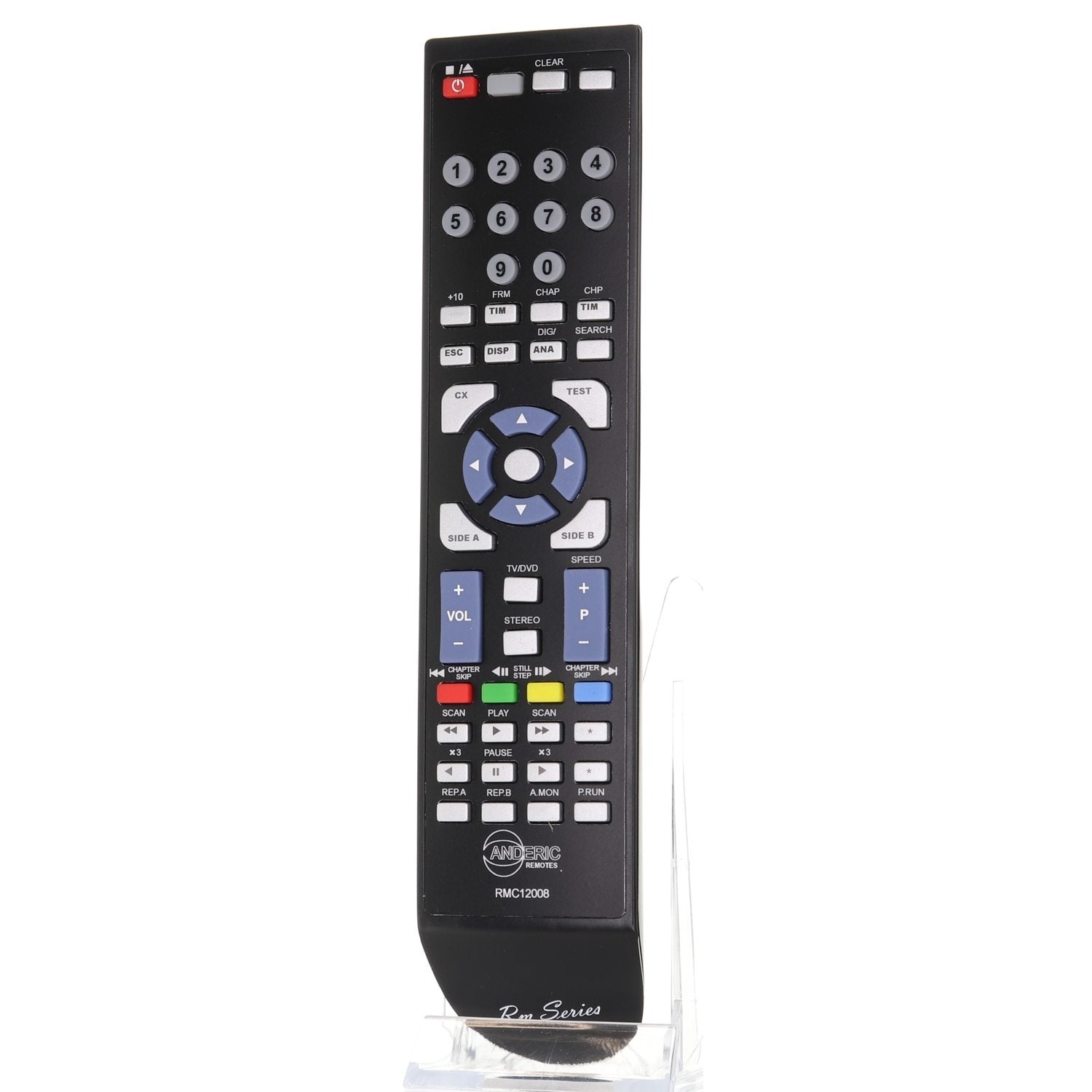 The Anderic RMC12008 Service for Sony DVD Remote Control, modeled as J6090203A, features buttons for numbers, volume, and navigation. Displayed on a clear stand, it serves as an ideal black universal replacement remote for seamless device management.