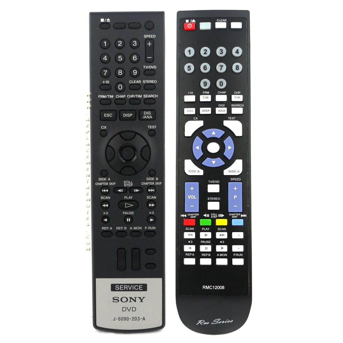 Two remote controls sit side by side; the left is a Sony DVD remote, while the right is an Anderic RMC12008 Service for Sony DVD Remote Control, serving as a versatile replacement with various buttons and labels.
