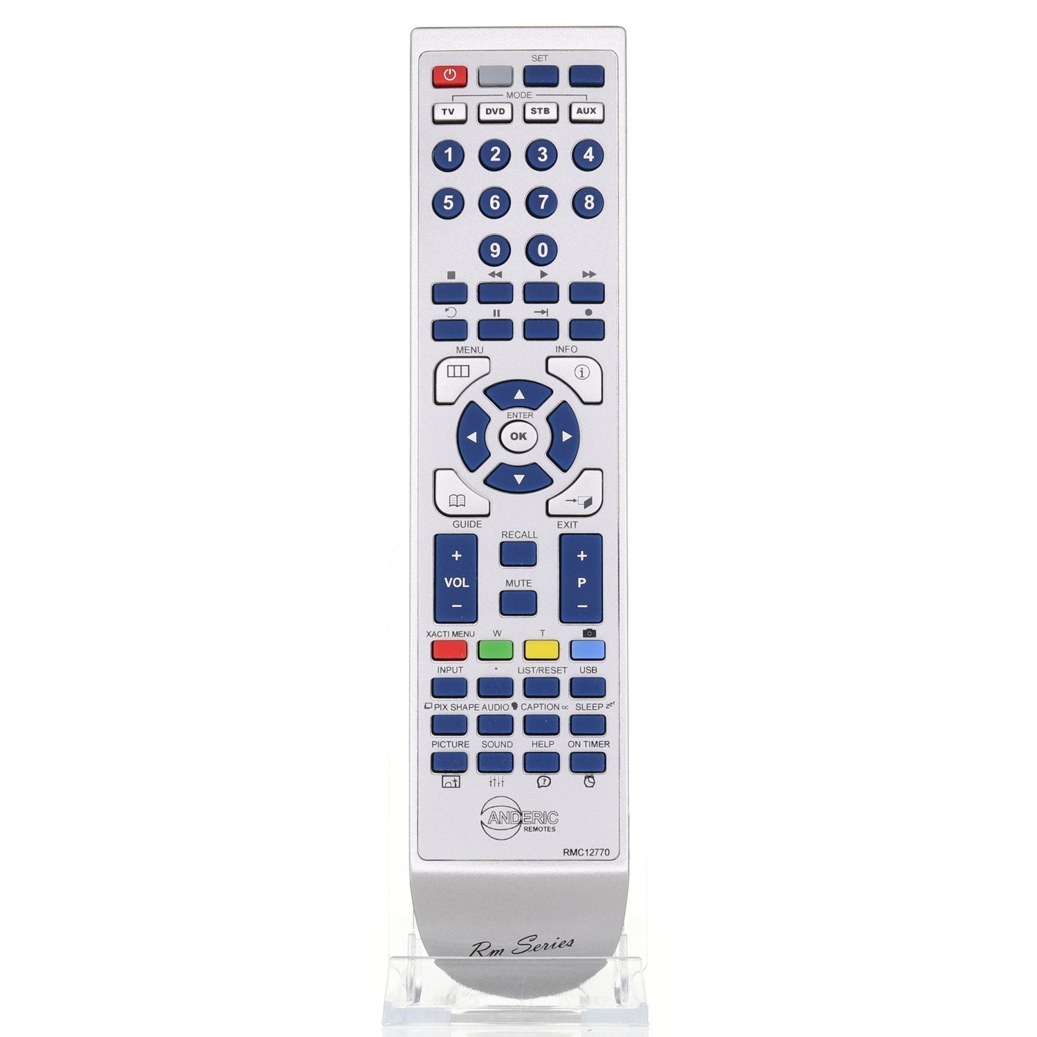 The Anderic GXDB FOR SANYO TV Remote Control - RMC12770 is white with blue and red buttons labeled for TV, DVD, and AUX functions, arranged neatly for seamless volume and channel control. Perfectly compatible with the Sanyo TV's RMC12770 model.