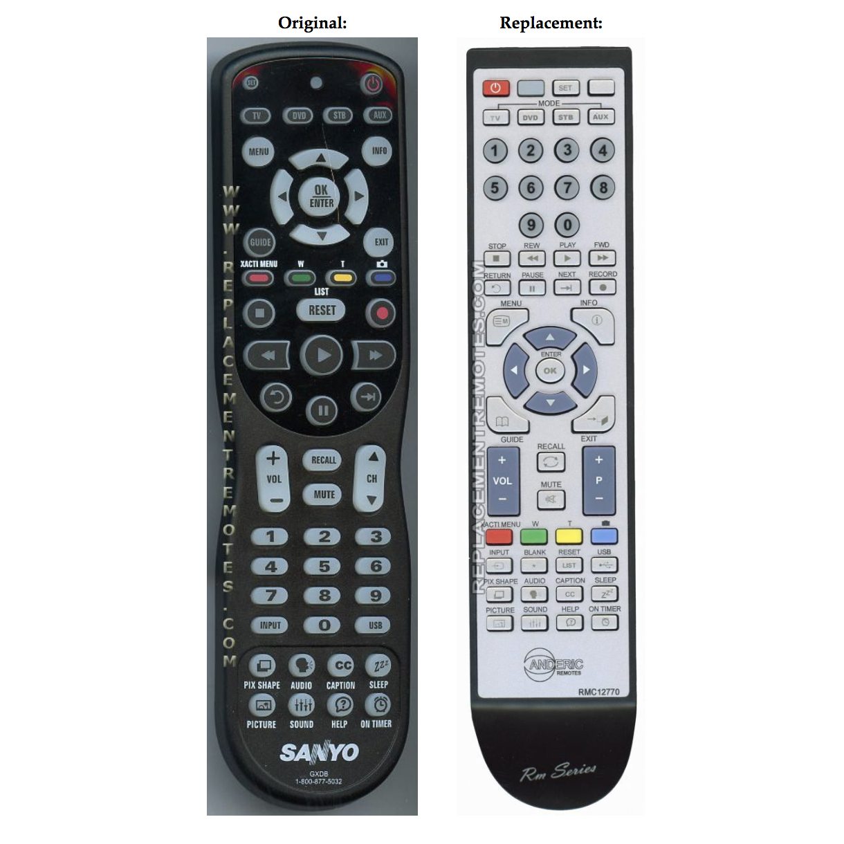 Two remotes: original Sanyo GXDB on the left with a dark design, and the Anderic GXDB FOR SANYO TV RMC12770 replacement on the right, featuring a lighter design with a similar button layout. Ideal for effortless Sanyo TV operation.
