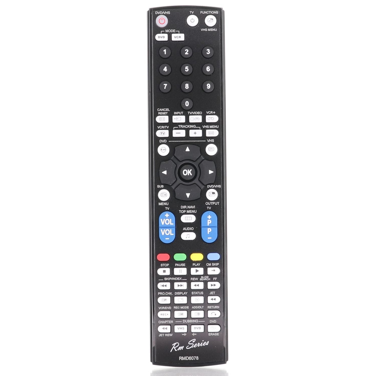 The Anderic EUR7721X10 remote control, designed for Panasonic DVDR, includes numerous buttons like numerical keys, volume controls, and directional arrows. The sleek black design features the brand name prominently printed at the bottom.