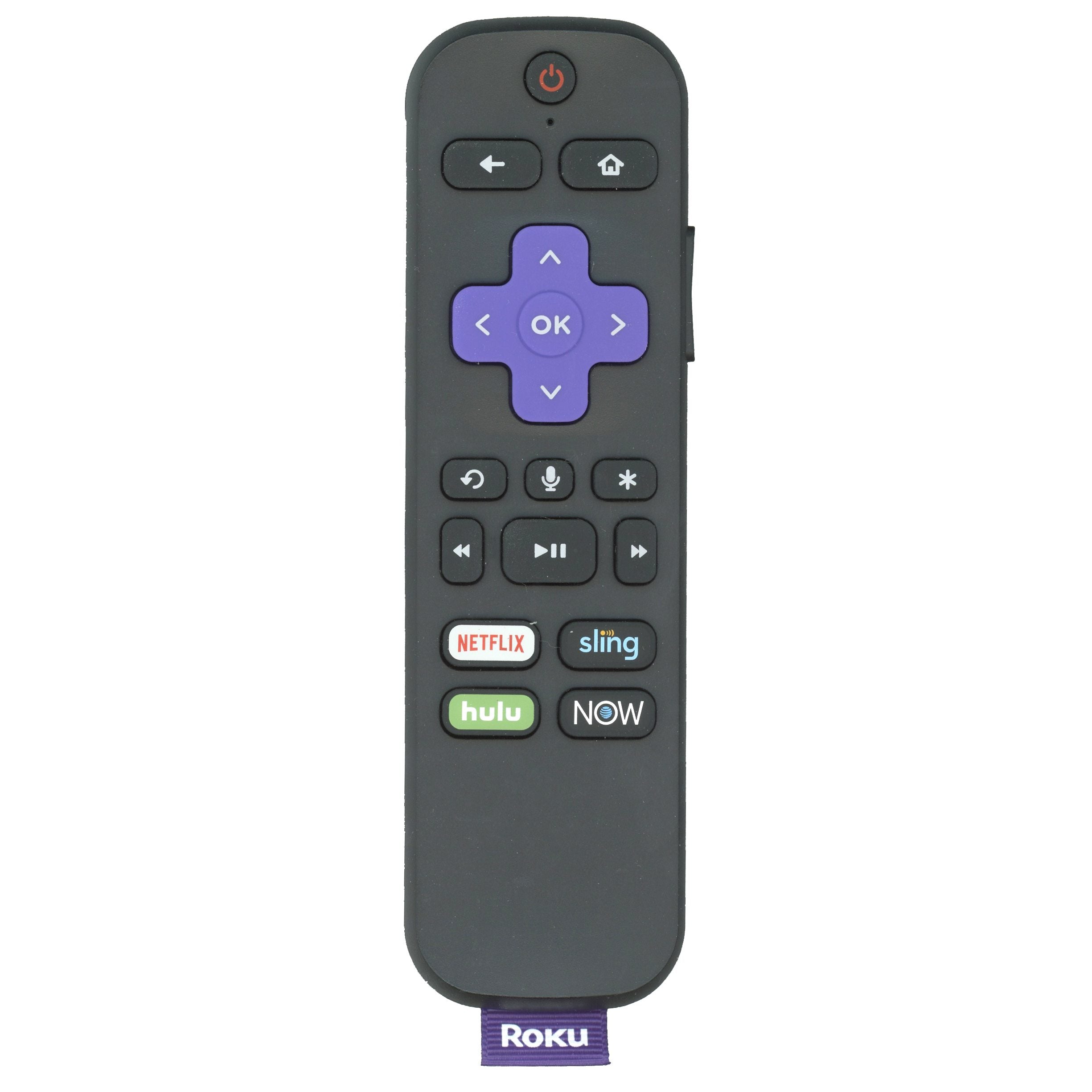 The Roku RCAL2 Streaming Stick Remote, in sleek black, features a purple directional pad, buttons for Netflix, Hulu, Sling, NOW apps, and volume controls. This remote is perfect as a replacement OEM RCAL2 and complements your Roku Streaming Stick effortlessly.