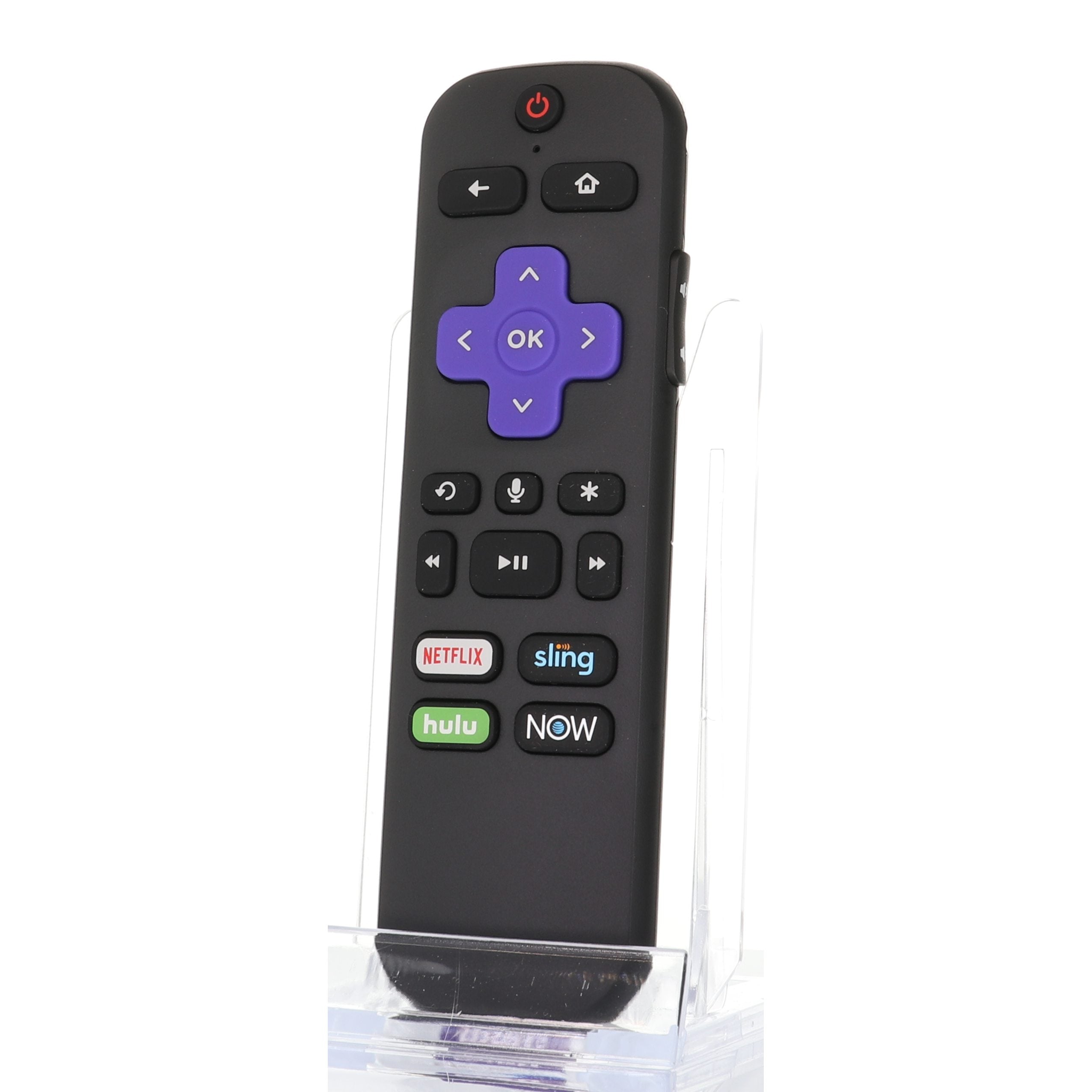 The Roku RCAL2 Streaming Stick Remote is a black OEM replacement, featuring a purple directional pad and buttons for Netflix, Sling, Hulu, and NOW. It stands upright in a clear holder next to your Roku Streaming Stick.