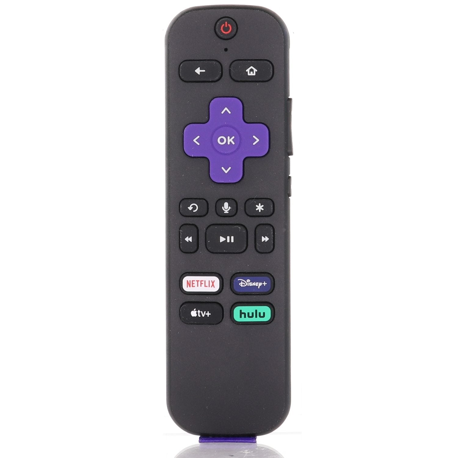 The Roku RCFA1 STICK Streaming Remote Control (3226001105) is black with purple navigation buttons, Netflix shortcut, and dedicated buttons for Disney+, Apple TV, and Hulu.