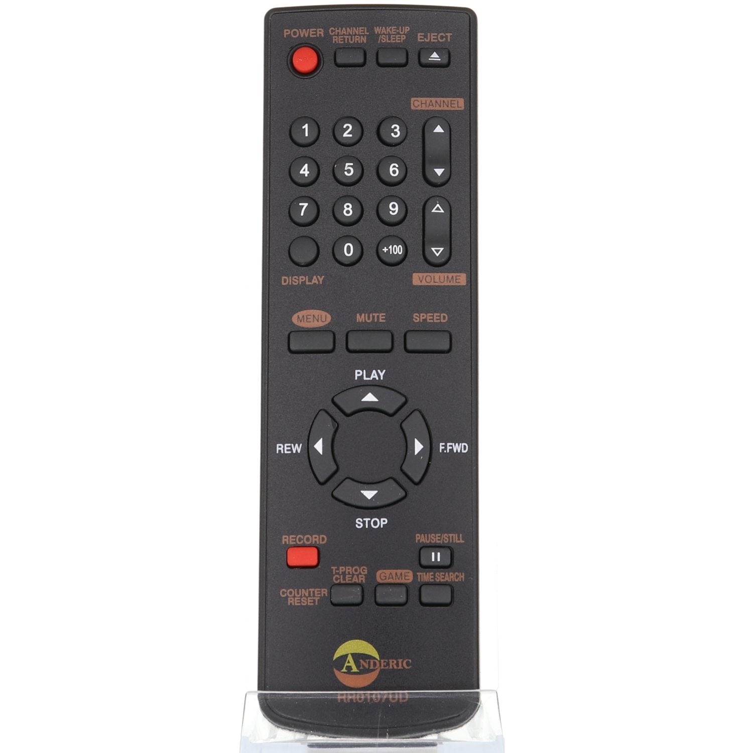 The black Anderic RR0107UD for Funai TV/VCR Remote Control includes a numeric keypad, playback controls, and buttons for volume, channel, menu, and display functions—ideal for your TV/VCR combo needs.