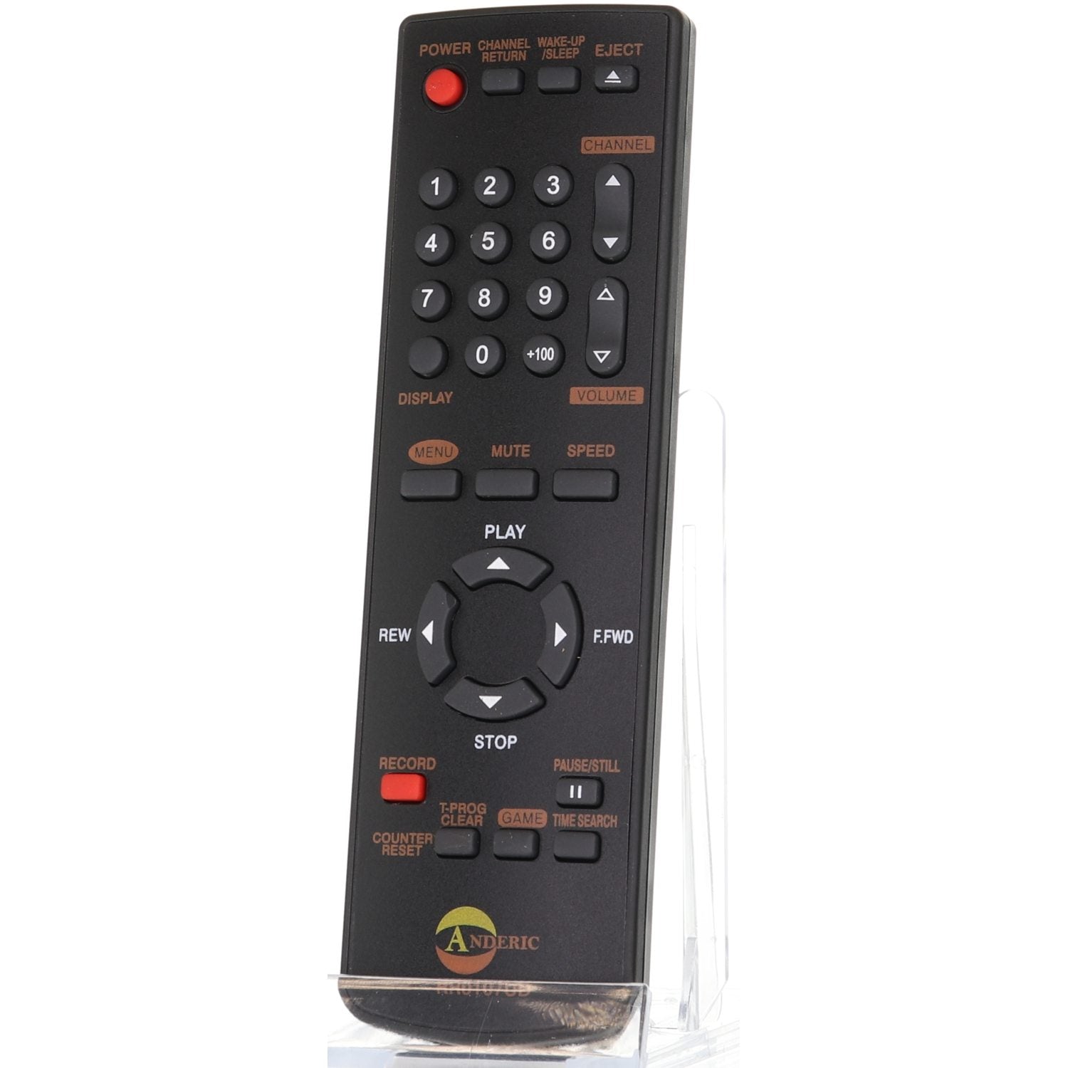 The black Anderic RR0107UD for Funai TV/VCR Remote Control is an excellent replacement for multiple devices, featuring buttons for power, playback, recording, menu navigation, numeric keypad, and volume control.