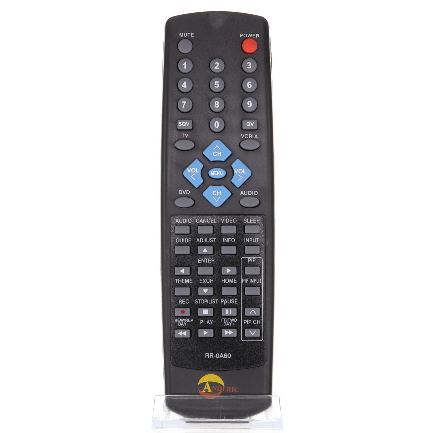 The Anderic RR0A60 Mitsubishi TV Remote Control is a pre-programmed universal remote with a numeric keypad, volume and channel buttons, and various function keys, making it an ideal generic substitute for any Mitsubishi TV.