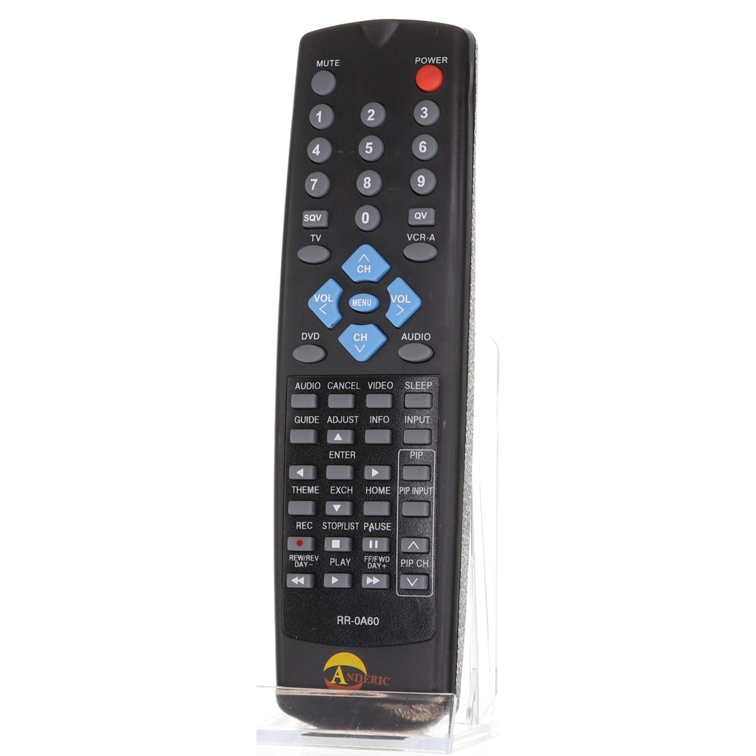 The Anderic RR0A60 Mitsubishi TV Remote Control is a sleek black universal remote with white, blue, and red buttons for functions like power, mute, volume, and channel. Pre-programmed for Mitsubishi TVs, it's also a versatile generic substitute for multiple devices.