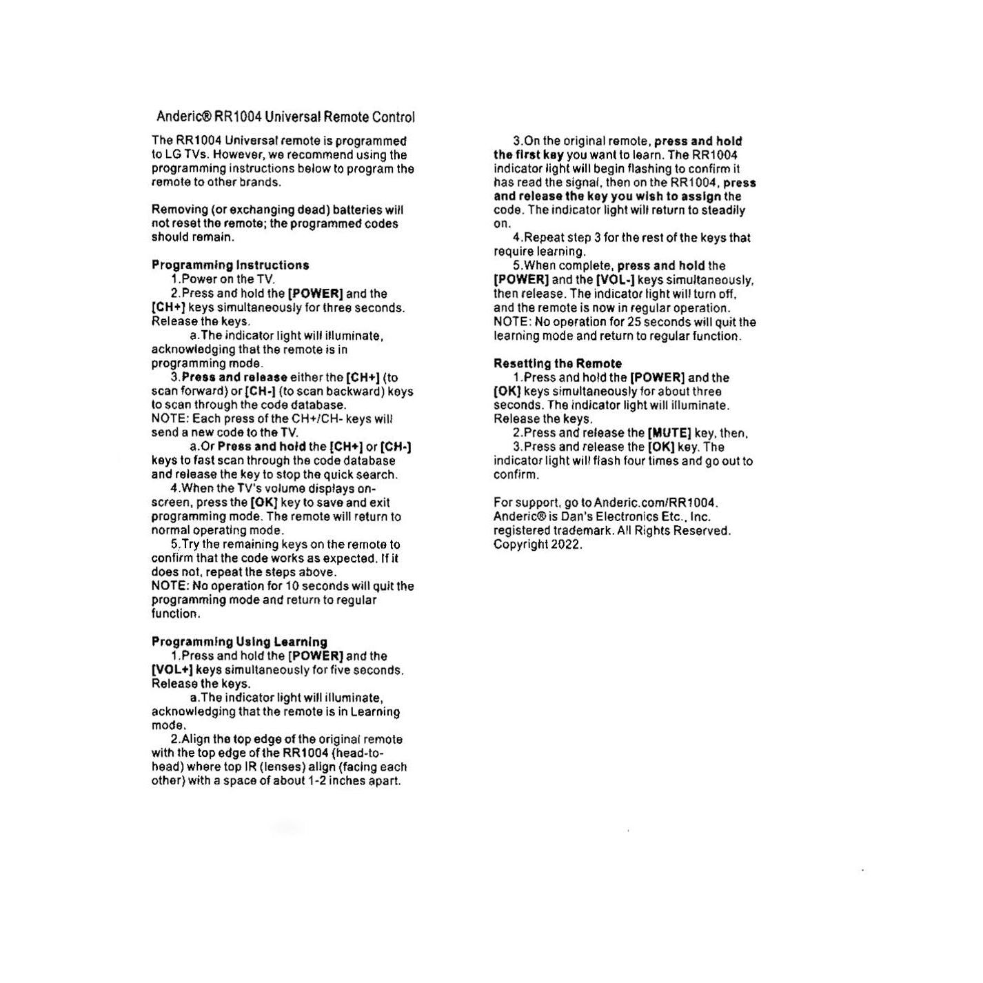 Anderic RR1004 Simple Big Button 1-Device TV Universal Remote Control