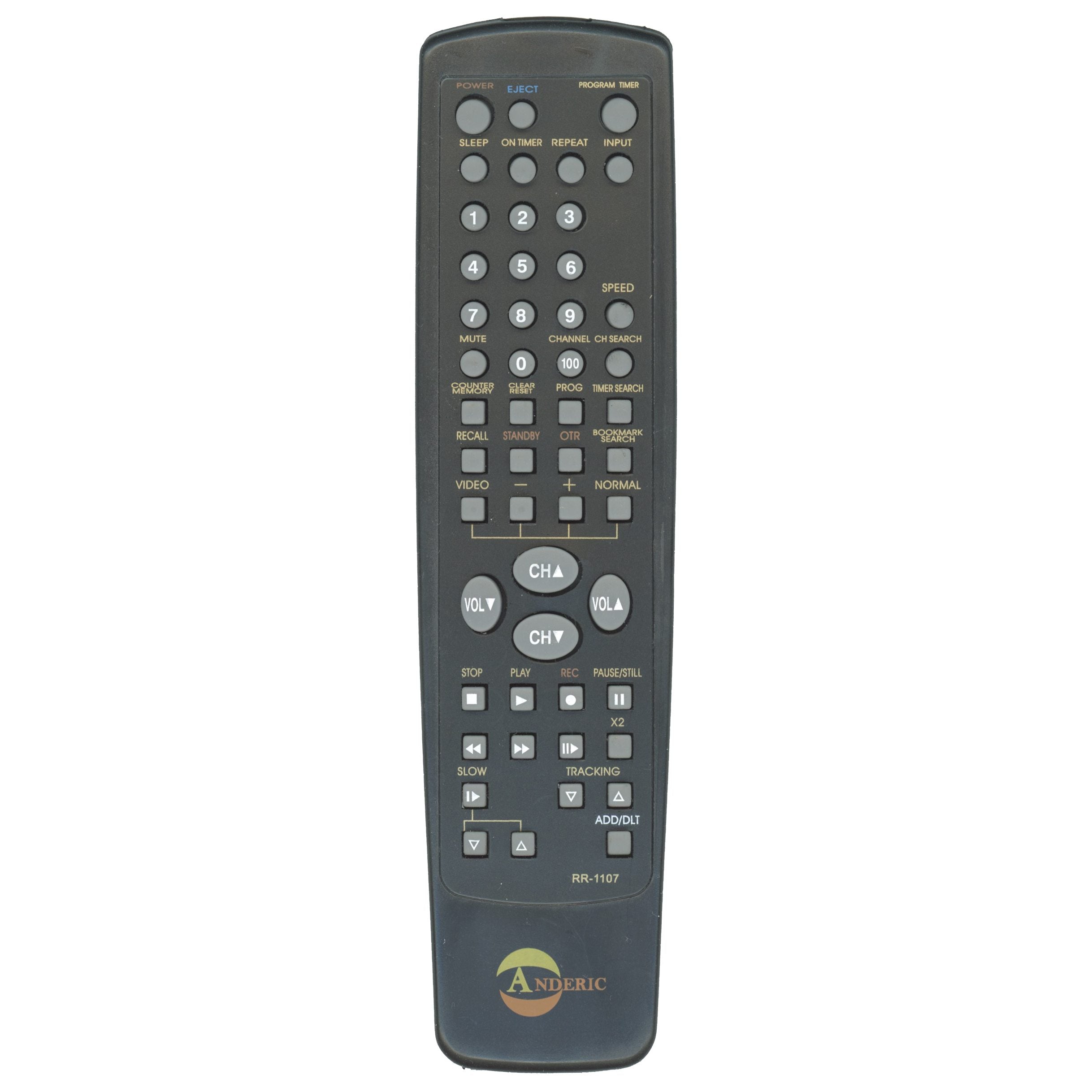 A black Anderic RR1107 universal remote, compatible with Panasonic and Quasar TV/VCR systems, features buttons for volume, channel, input, and playback.