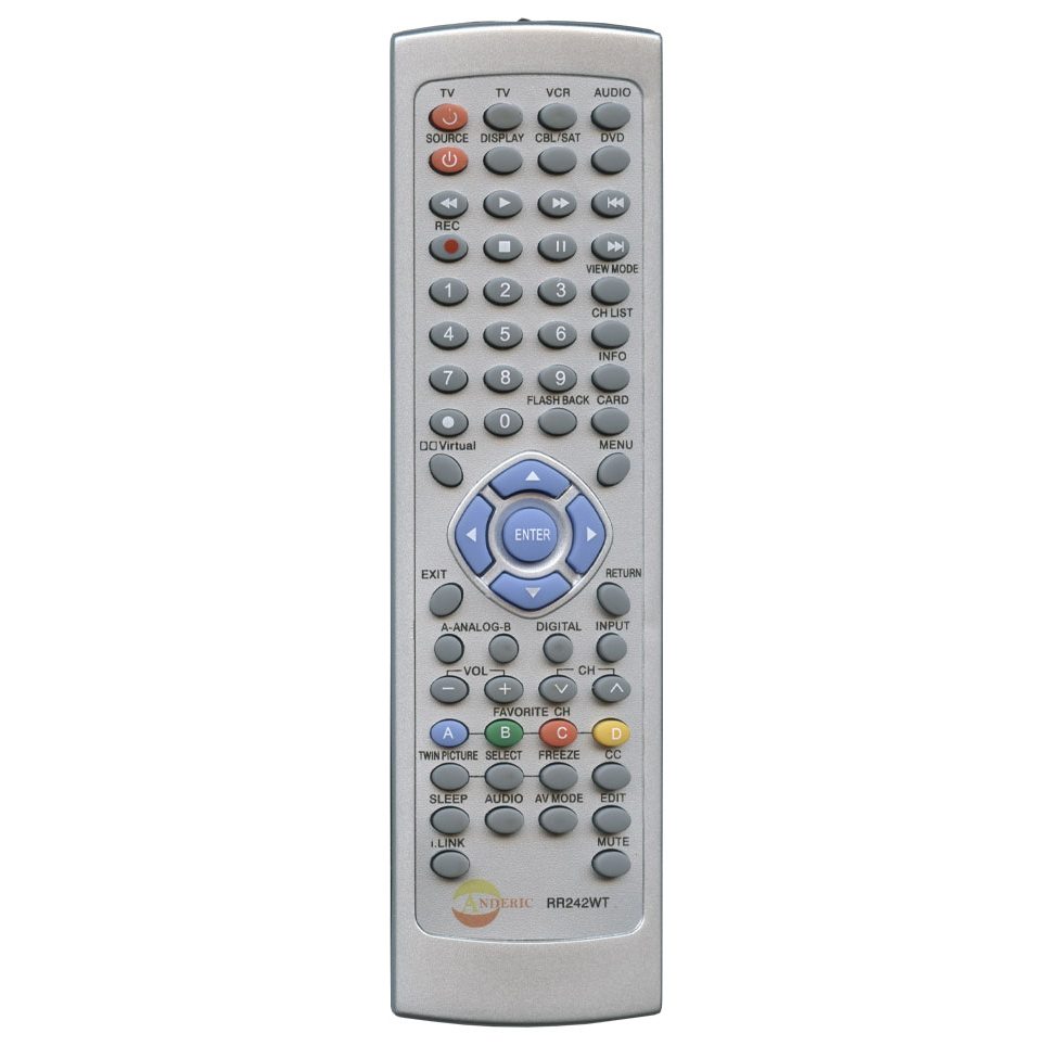 The Anderic RR242WT Sharp TV Remote Control is a silver universal remote with rows of buttons for volume, channel, and input. It's perfect for efficiently managing devices like a Sharp TV.