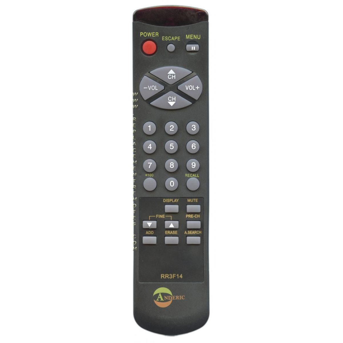 The Anderic RR3F1400038120 is a sleek black universal TV remote control for Samsung models, featuring a numeric keypad, volume and channel buttons, and function keys.