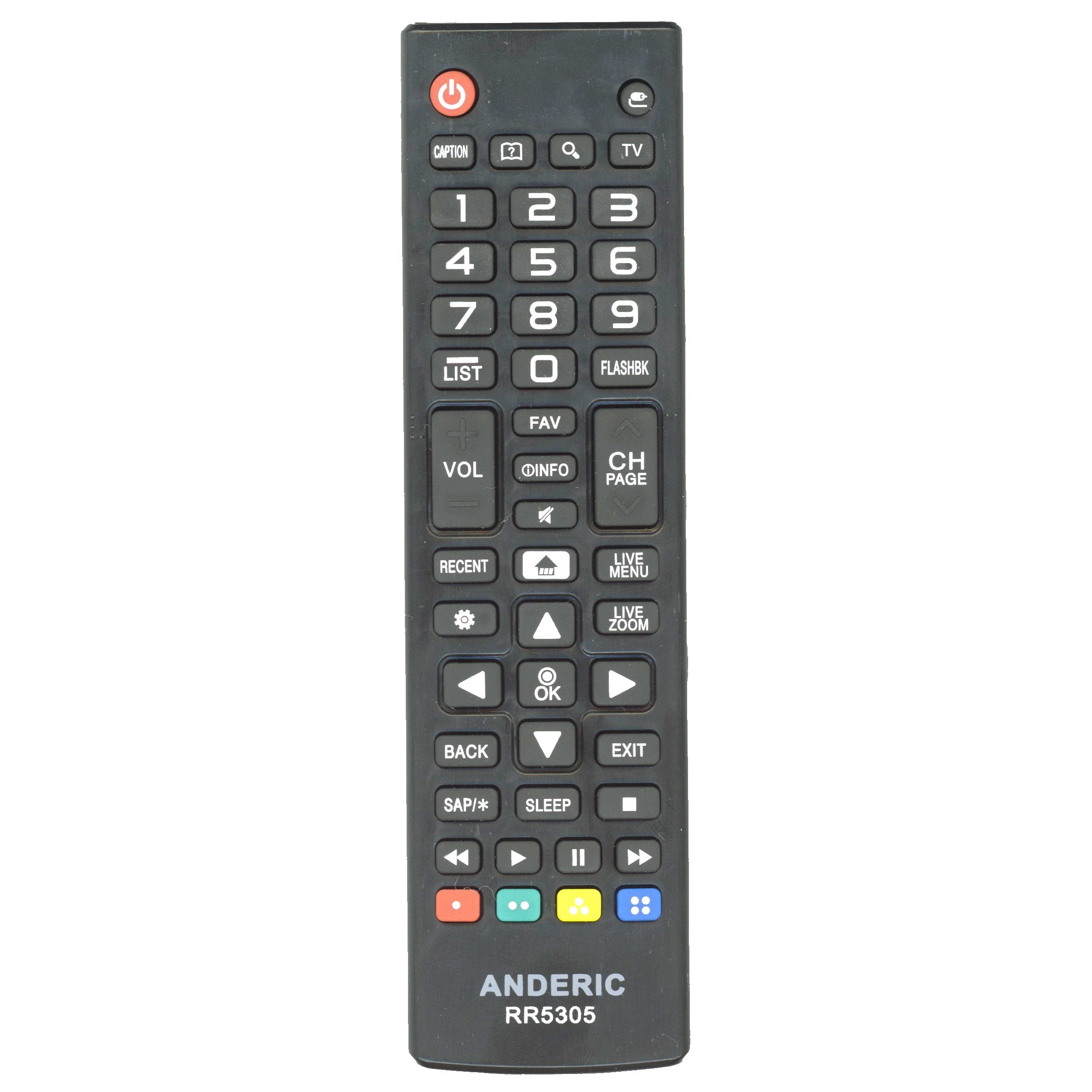 The black Anderic RR5305 For LG TV Remote Control is pre-programmed for LG TVs and includes buttons for numbers, volume, channel, and media navigation.