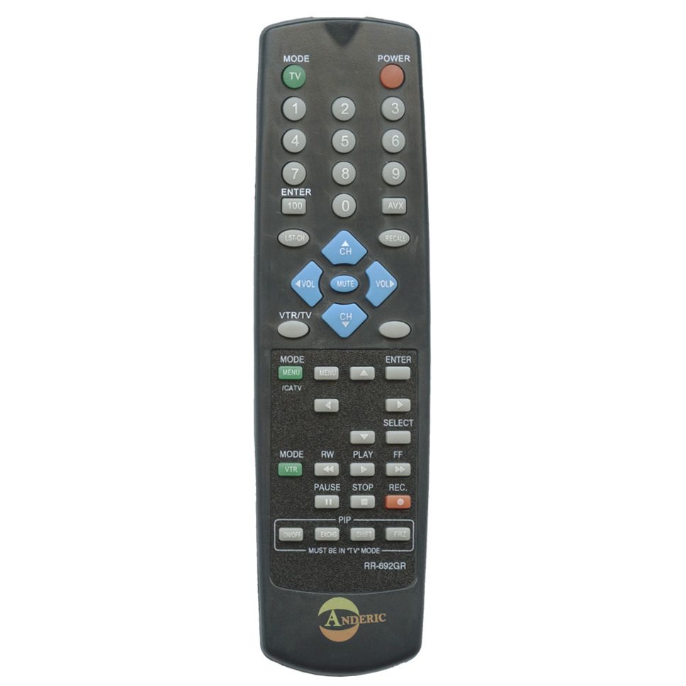 The Anderic RR692GR Hitachi TV Remote Control is a sleek black device, pre-programmed for Hitachi TVs, with multiple buttons like a numeric keypad, volume and channel controls. It features function keys in crisp white text and requires no programming for immediate use.