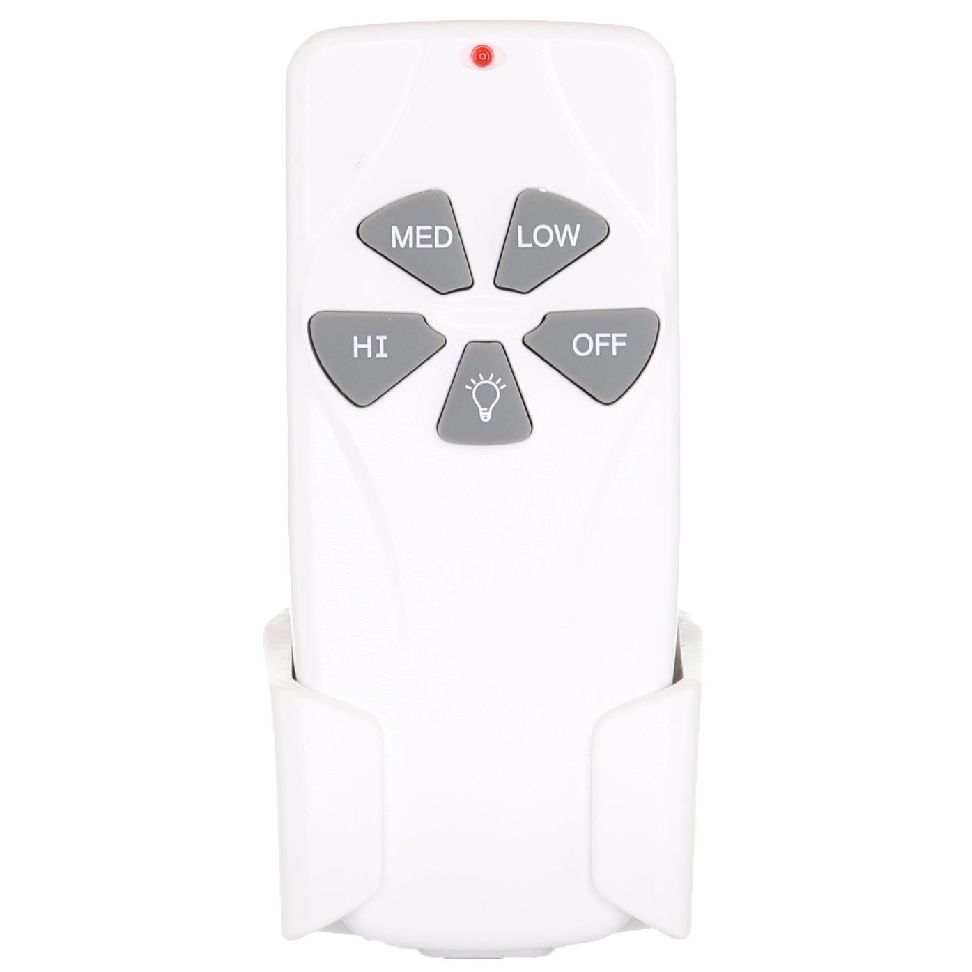 The Anderic UC7070T remote control for Hampton Bay Harbor Breeze ceiling fans is white with four gray buttons labeled MED, LOW, HI, and OFF, plus a light bulb icon. It fits into a wall-mounted holder and is compatible with models like the Harbor Breeze UC7070T.