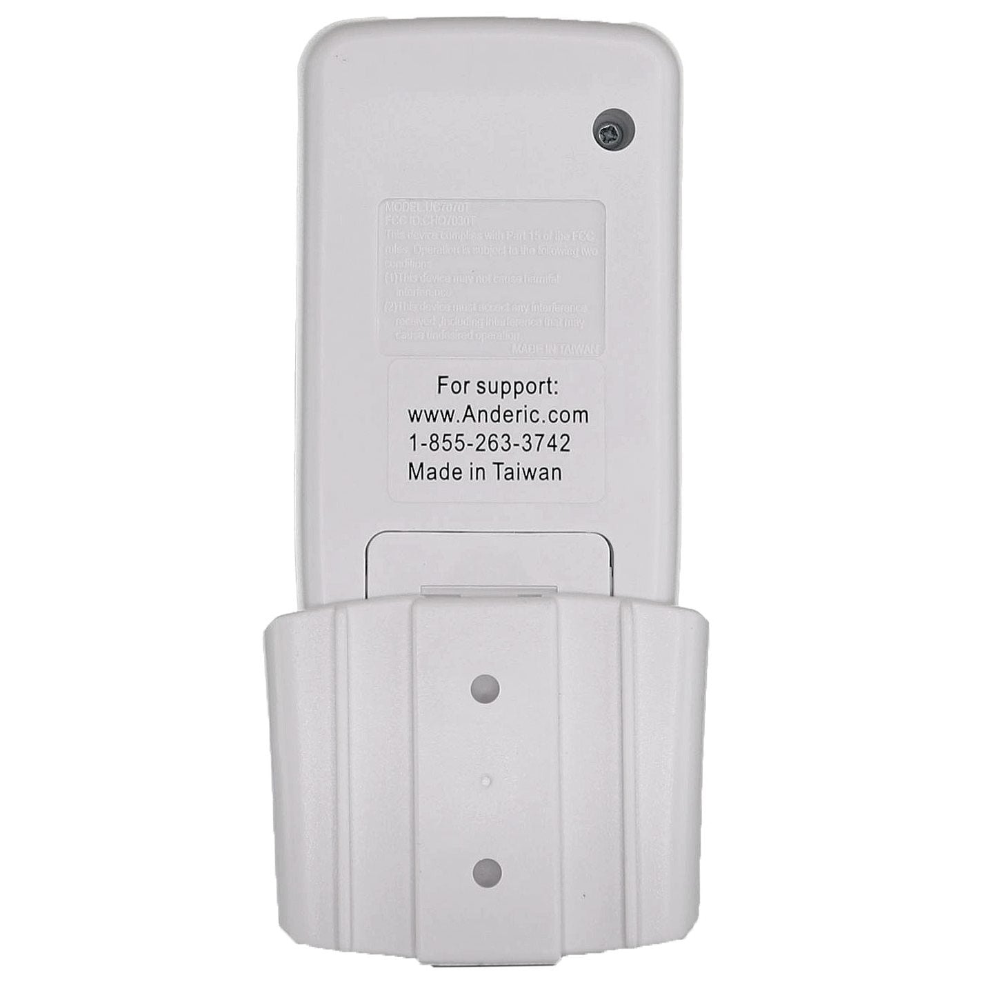 Back view of the Anderic UC7070T CHQ7070T remote control for Hampton Bay Harbor Breeze fans, featuring wall mount details, support info, manufacturer’s website, and phone number. This model is compatible with Harbor Breeze UC7070T or Anderic RR7070T systems.