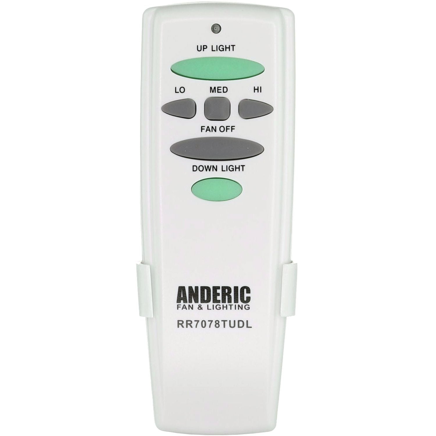 The Anderic RR7078TUDL Ceiling Fan Remote Control - UC7078, compatible with Harbor Breeze fans, features buttons for up/down lights and fan speeds (LO, MED, HI) and off.