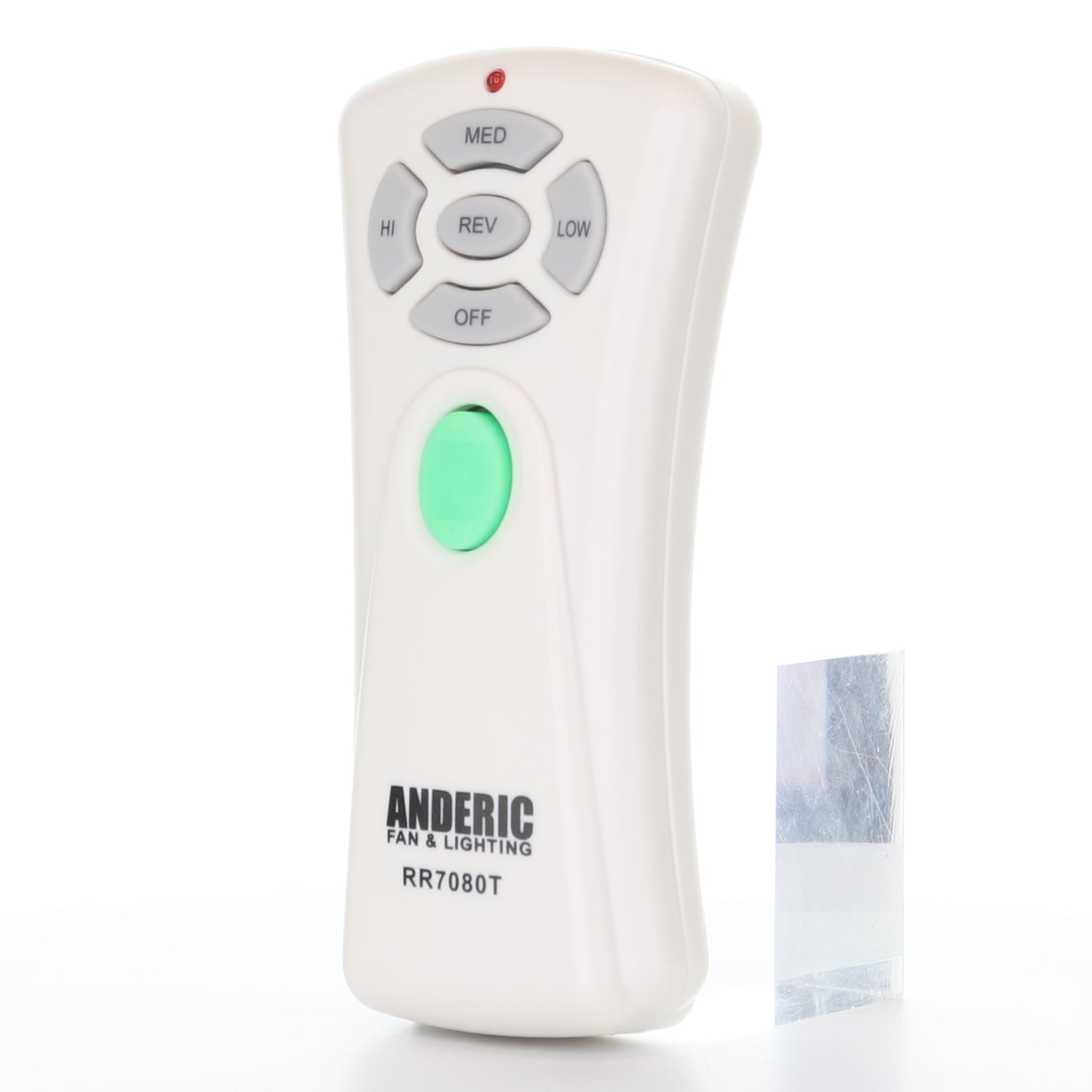 The white Anderic CHQ7080T/UC7080T remote control, model RR7080T, for Hampton Bay ceiling fans includes buttons for high, medium, low speeds, reverse, off functions and light dimming. Perfect for effortless fan and lighting control.