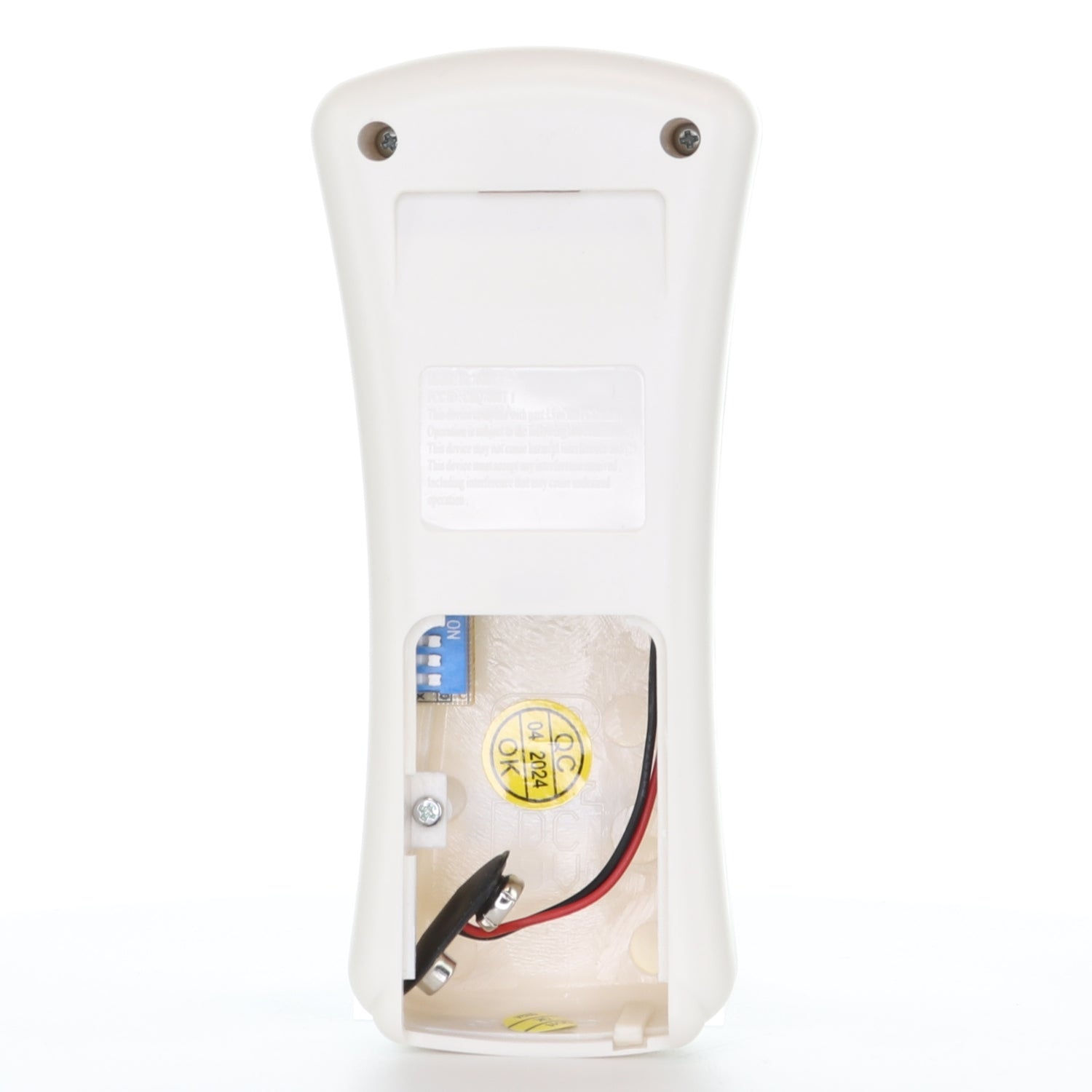 The back view of the Anderic CHQ7080T/UC7080T (RR7080T) for Hampton Bay reveals its open battery compartment with electronic components and red/black wires, designed for effortless ceiling fan speed control and light dimming.