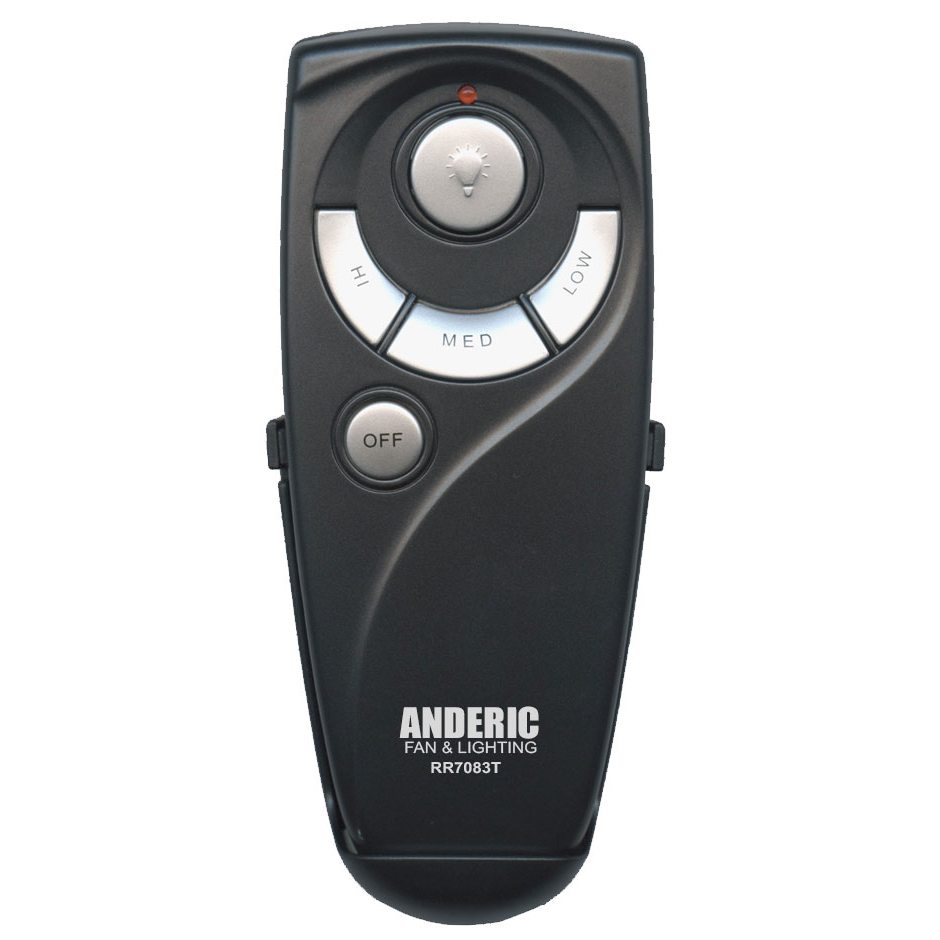 The Anderic RR7083T Replacement Ceiling Fan Remote Control for Hampton Bay UC7083T and CHQ7083T features buttons for hi, med, low, light, and off, with model number RR7083T printed on the front.
