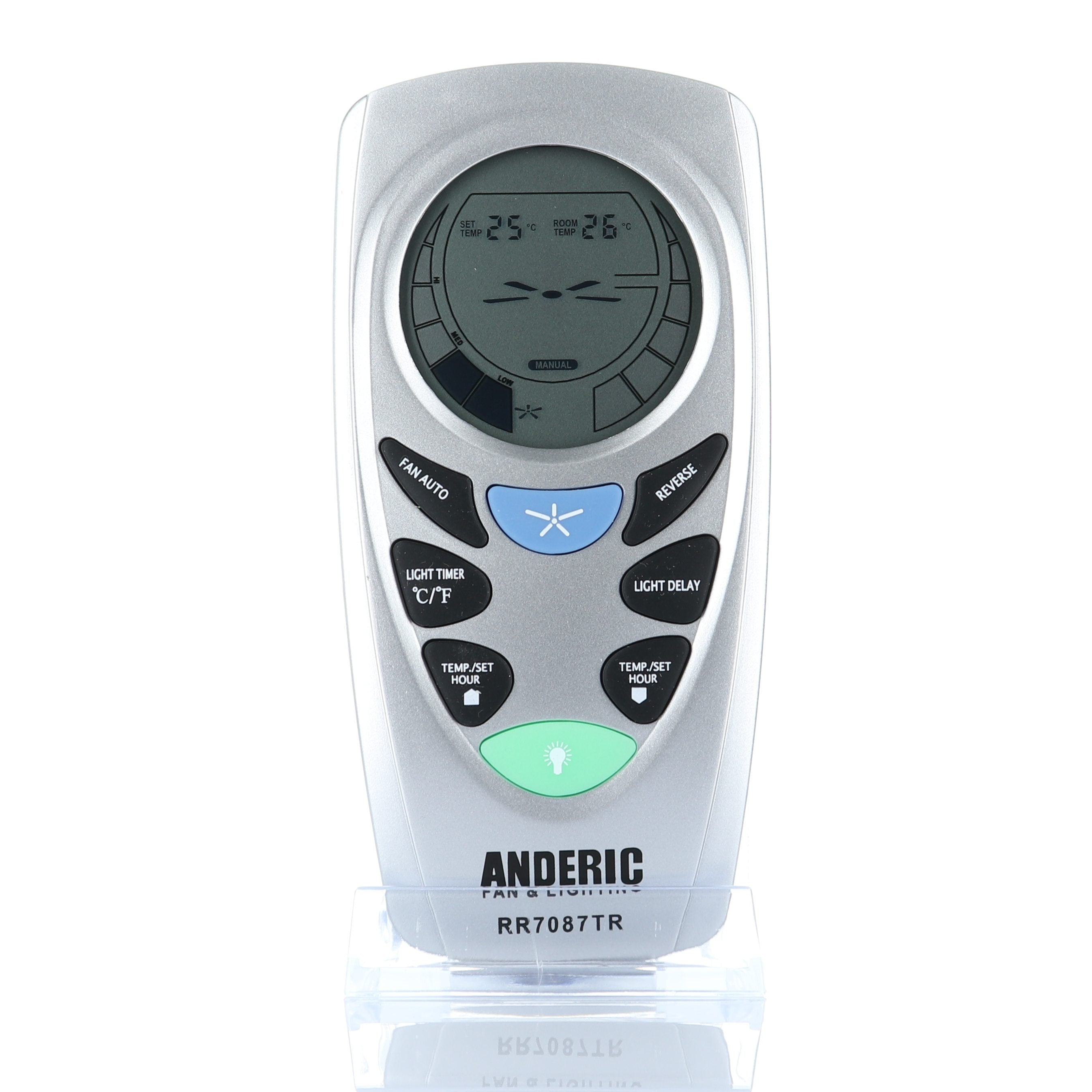 A gray Anderic UC7087TR remote with a digital display and buttons for fan speed, temperature, light timer, and rotation. Labeled "RR7087TR," it perfectly replaces Hampton Bay remotes.
