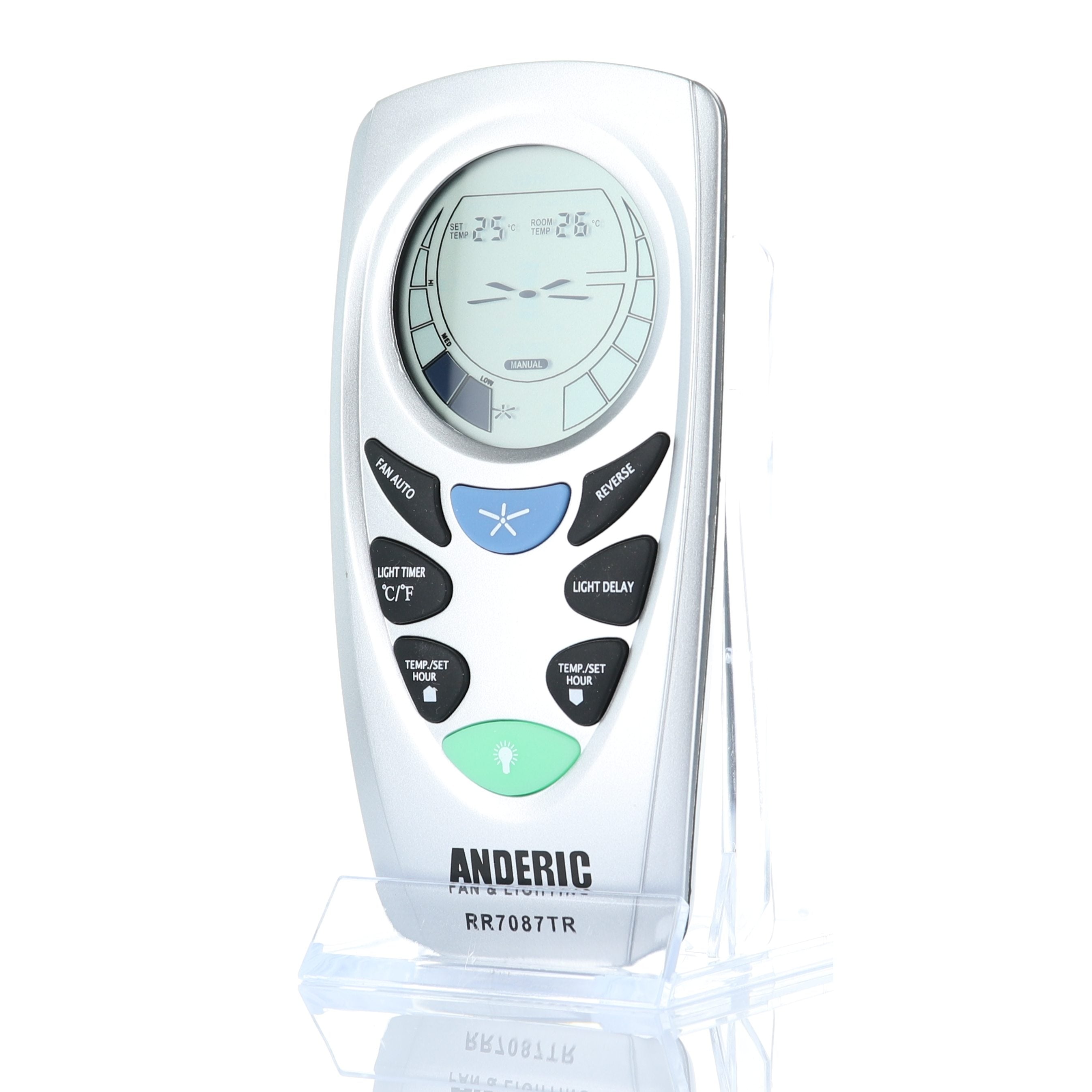 The Anderic UC7087TR with Reverse is a sleek remote control for Hampton Bay ceiling fans, offering intuitive fan speed, light, and timer functions. It serves as a perfect thermostatic replacement and features temperature settings on a clear stand.