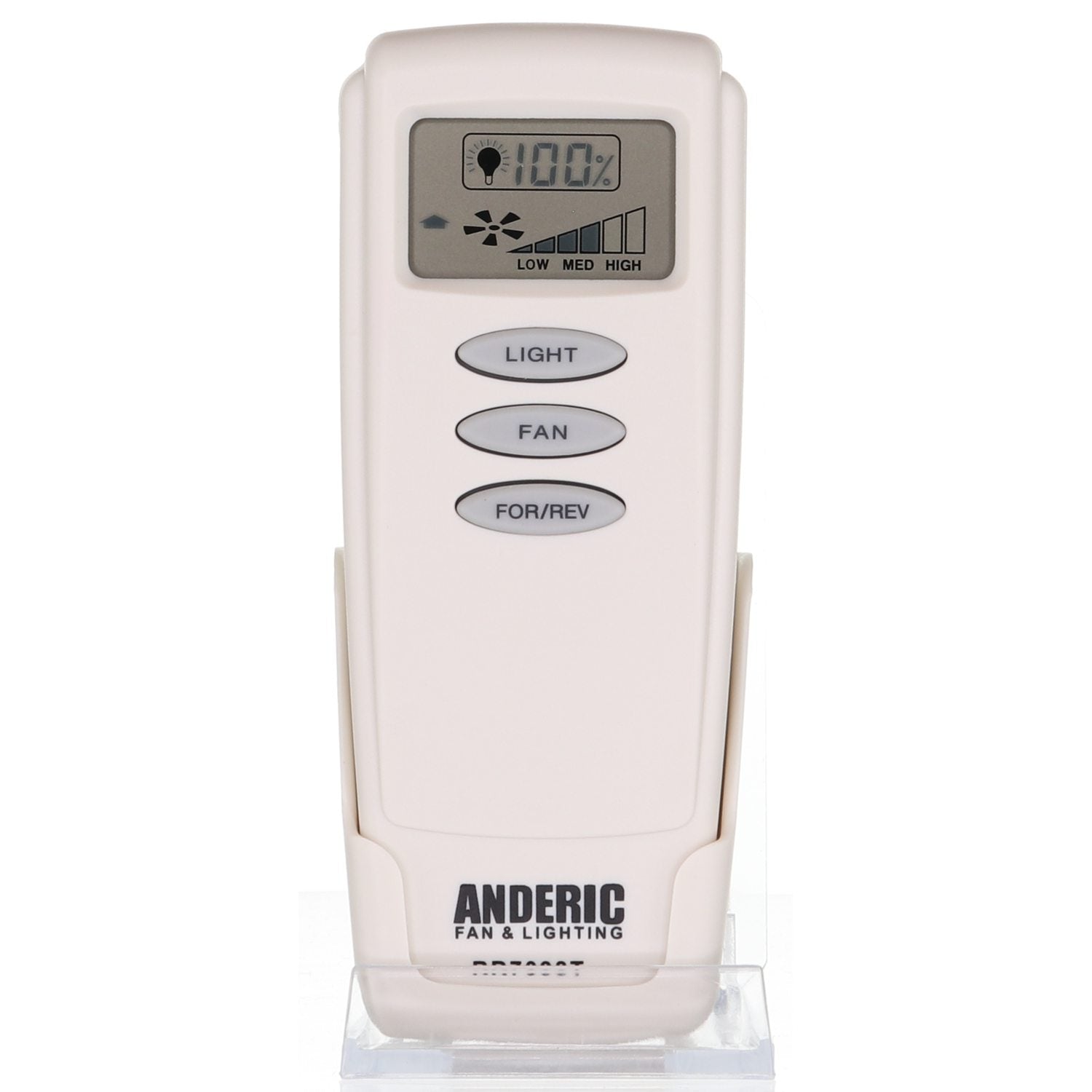 The white Anderic RR7098T for Harbor Breeze Ceiling Fan Remote (CHQ8BT7098T) features a display, buttons for light, fan speed, and direction, and includes a useful Reverse key.