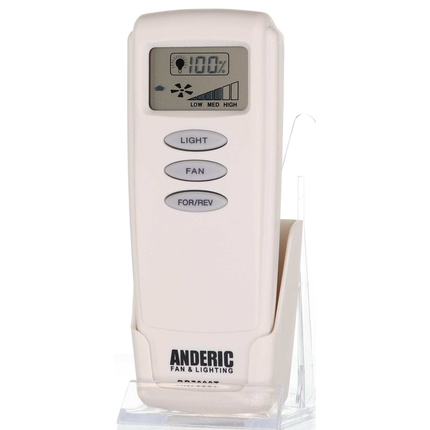 The Anderic RR7098T remote for Harbor Breeze Ceiling Fans includes a digital screen and buttons for "Light," "Fan," a reverse key labeled "For/Rev," and comes with a stand, enabling seamless fan and lighting control.