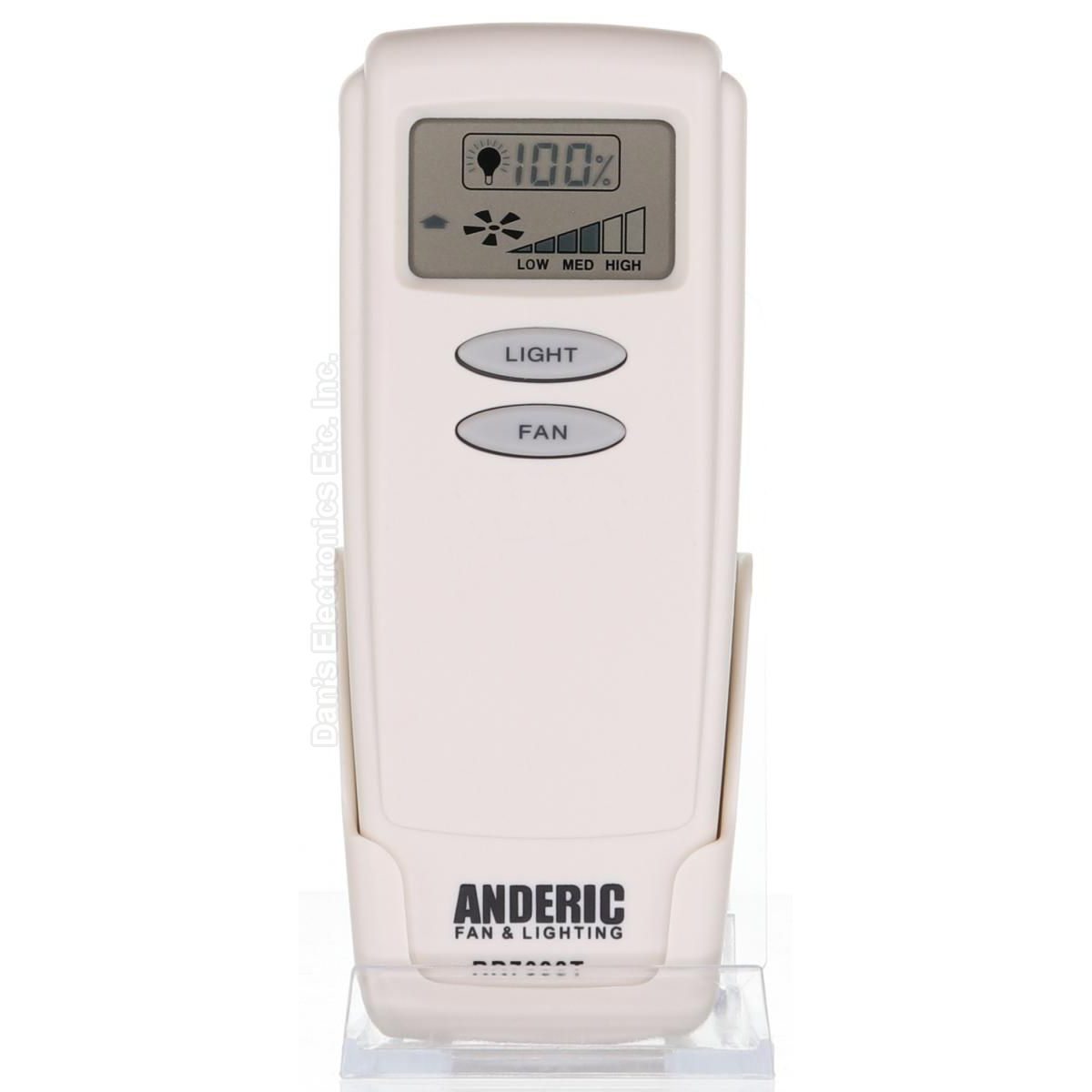 The white Anderic CHQ8BT7098T remote, labeled for Harbor Breeze fans, features light and fan buttons. The display shows "100%" with fan speed options: low, medium, high.