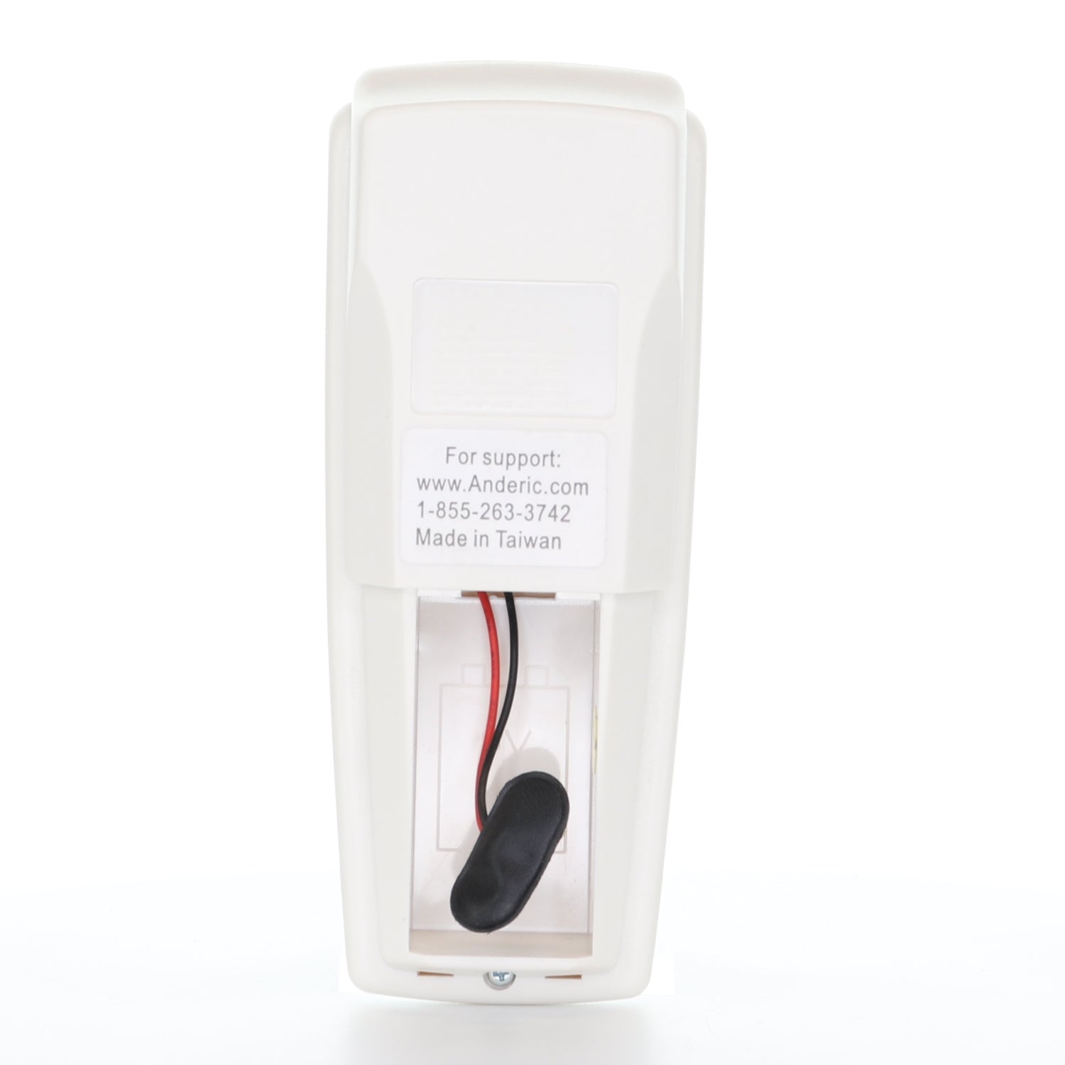 The back view of a white Anderic CHQ8BT7098T remote for Harbor Breeze Ceiling Fans shows visible wires, a sleek design, and a label with contact information and "Made in Taiwan" text.