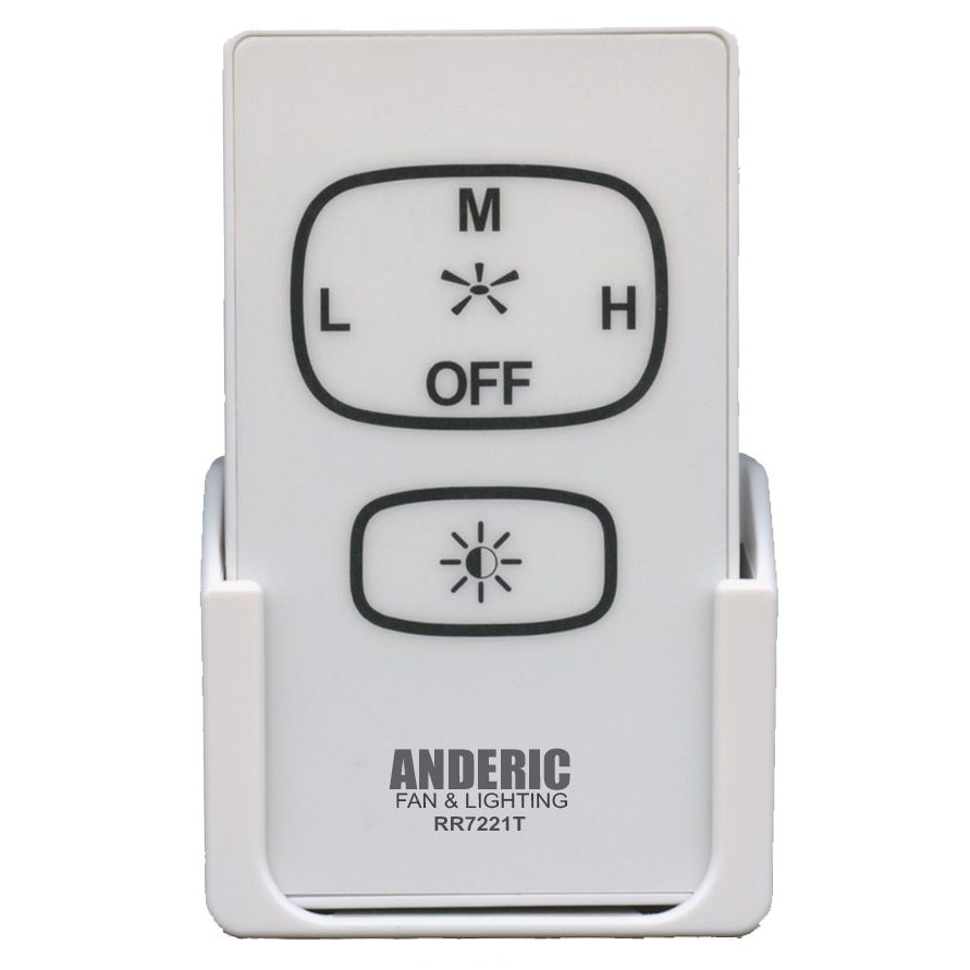 The Anderic UC7221T RR7221T remote control for all 3-speed ceiling fans, branded at the bottom, features buttons for light and fan speed settings (M, L, H, OFF) and is a perfect Harbor Breeze replacement. It rests elegantly on a white stand.