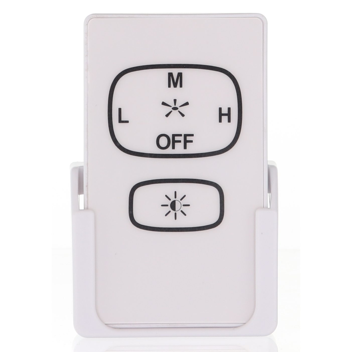 The Anderic UC7221T/KUJCE10601 RR7221T is a sleek white remote for all 3-speed fans, featuring buttons labeled "M," "L," "H," and "OFF" for precise speed control, plus a separate light button for convenience.