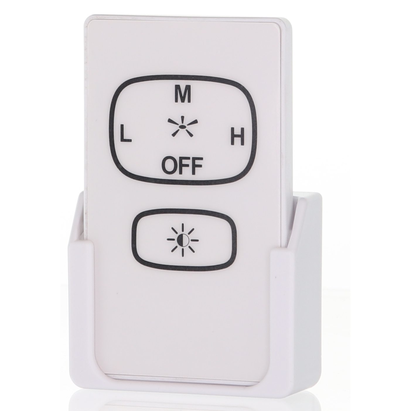 The Anderic UC7221T ceiling fan remote control, compatible with Harbor Breeze fans, sits in a white stand and features buttons labeled "M," "L," "H," "OFF," and a light bulb symbol for fan speed control.