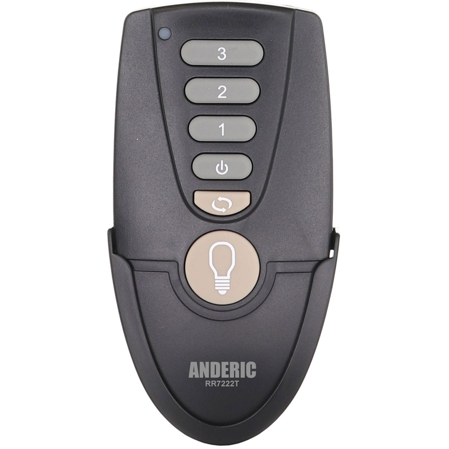 Anderic UC7222T/CHQ7222T remote control for Hampton Bay ceiling fans features a black design with five buttons: 3, 2, 1, power symbol, and light bulb icon. The "ANDERIC" brand is prominently displayed at the bottom.