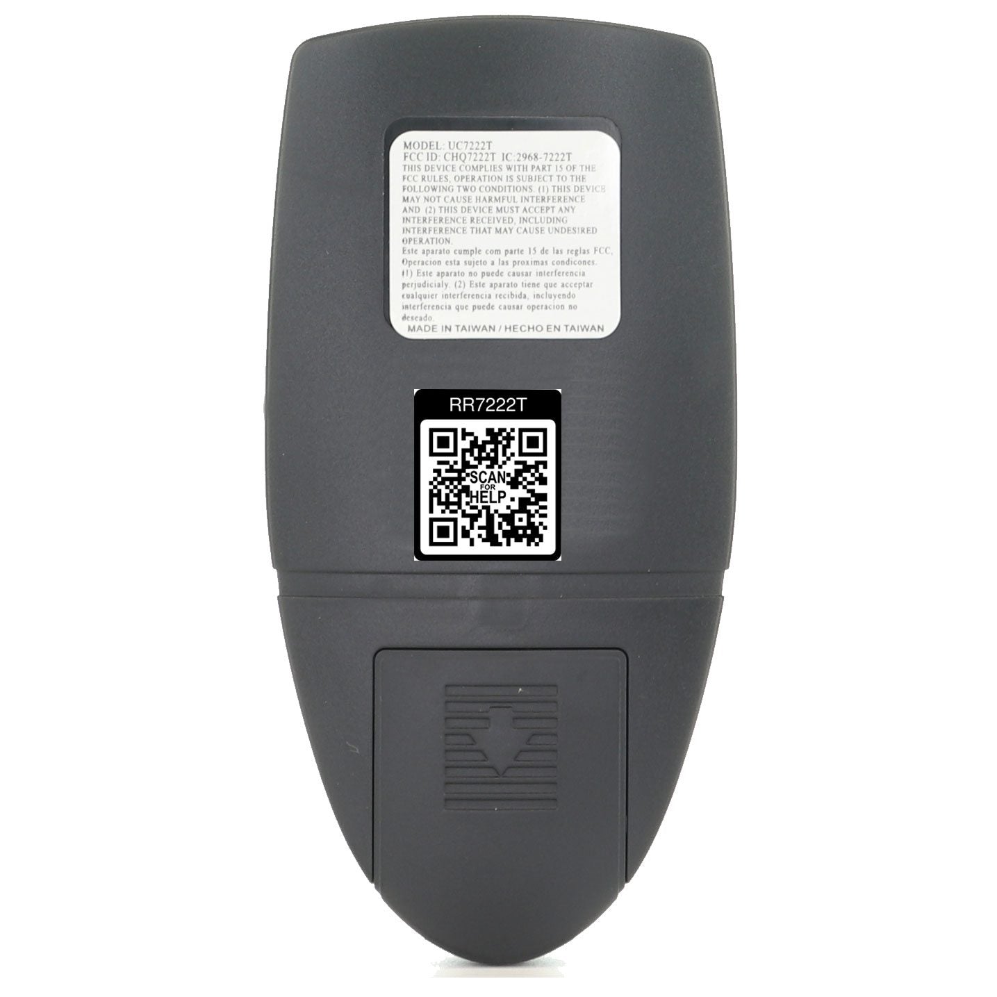 Back view of a black Anderic UC7222T/CHQ7222T remote for Hampton Bay ceiling fans, featuring a QR code and sticker with model and FCC ID details. Made in Taiwan.