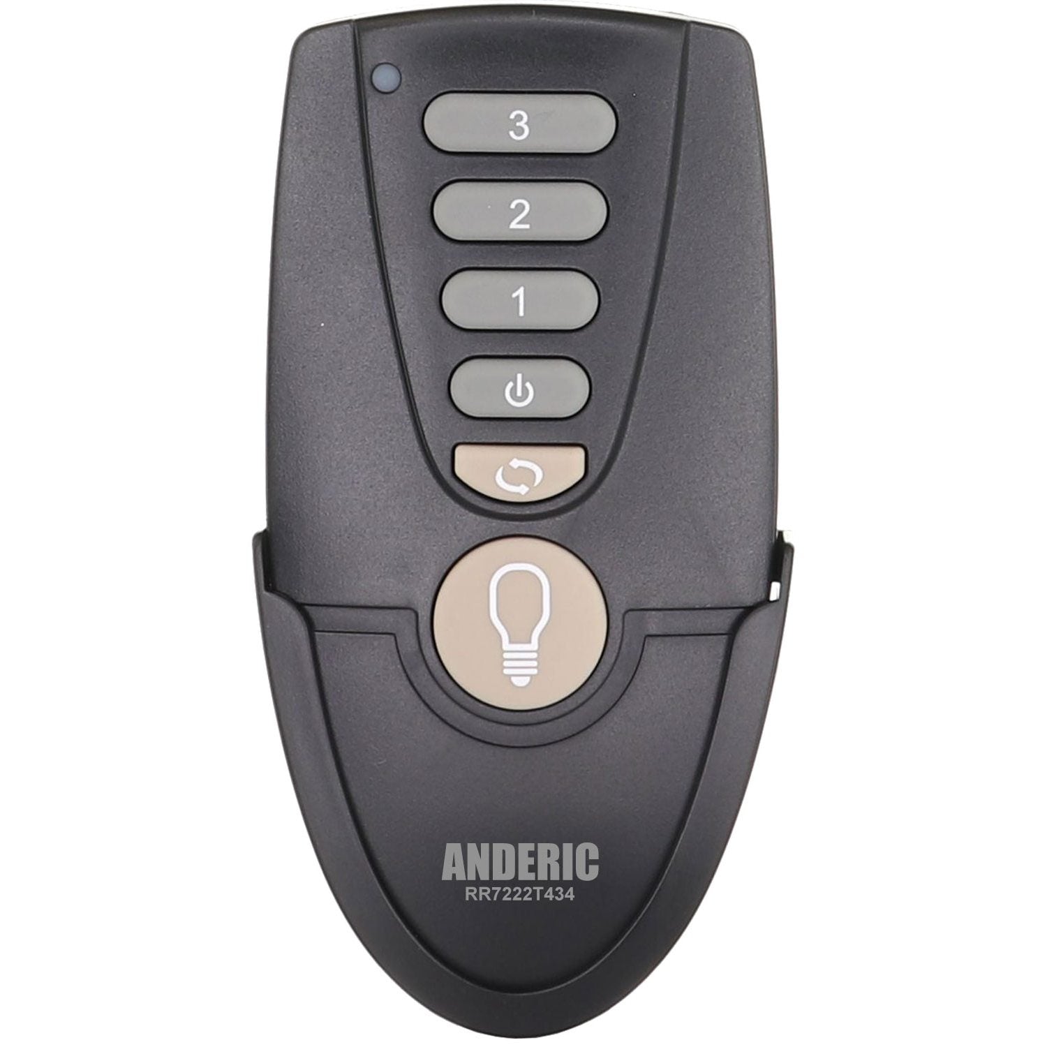 The Anderic RR7222T434 for Hampton Bay Ceiling Fan Remote Control features five gray buttons numbered 1 to 4 and a light bulb icon, ideal for enhancing your Home Decorators Collection setup, with "ANDERIC" displayed below the buttons.