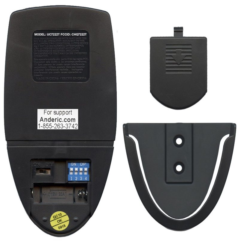 The Anderic RR7222T434 remote, compatible with Hampton Bay ceiling fans, features an open battery compartment, dip switches, contact info, a wall mount, and a cover with an arrow symbol for easy use.