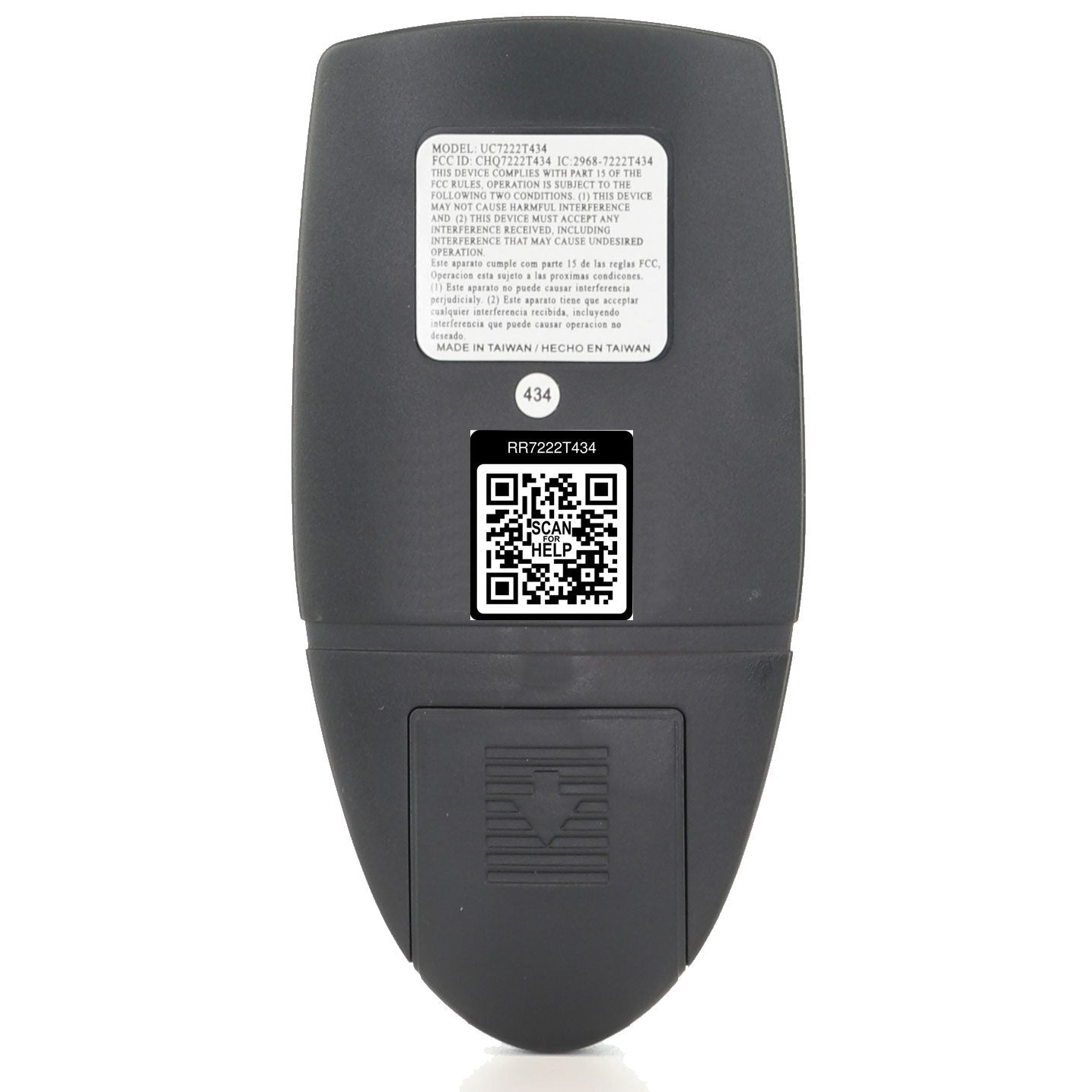 The back of a sleek black wireless computer mouse, echoing the modern flair of the Anderic RR7222T434 for Hampton Bay Ceiling Fan Remote Control, features a model number, QR code, and manufacturing information label.