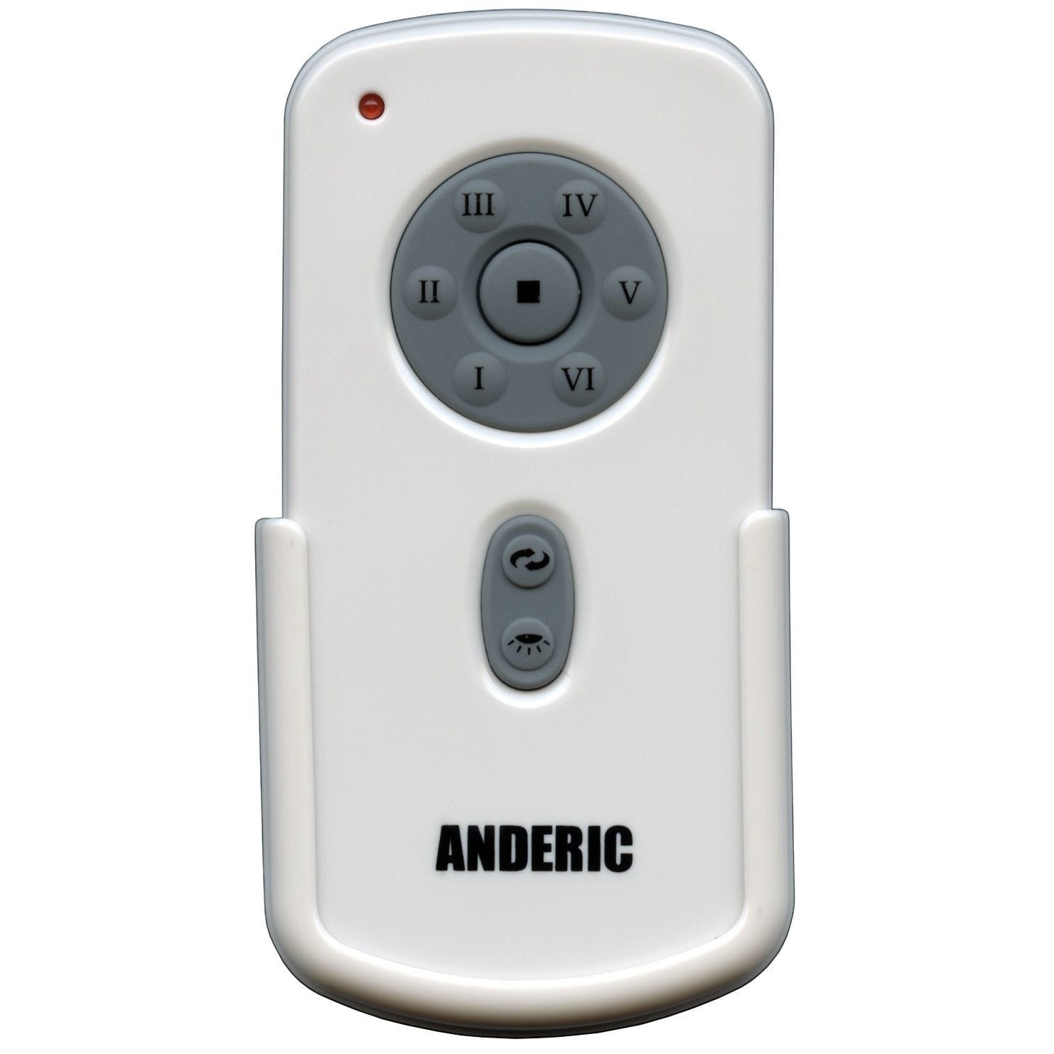 A white Anderic RH787T ceiling fan remote for Casablanca DC Fans, featuring gray buttons with Roman numerals and play/pause symbols, is mounted on a wall holder.