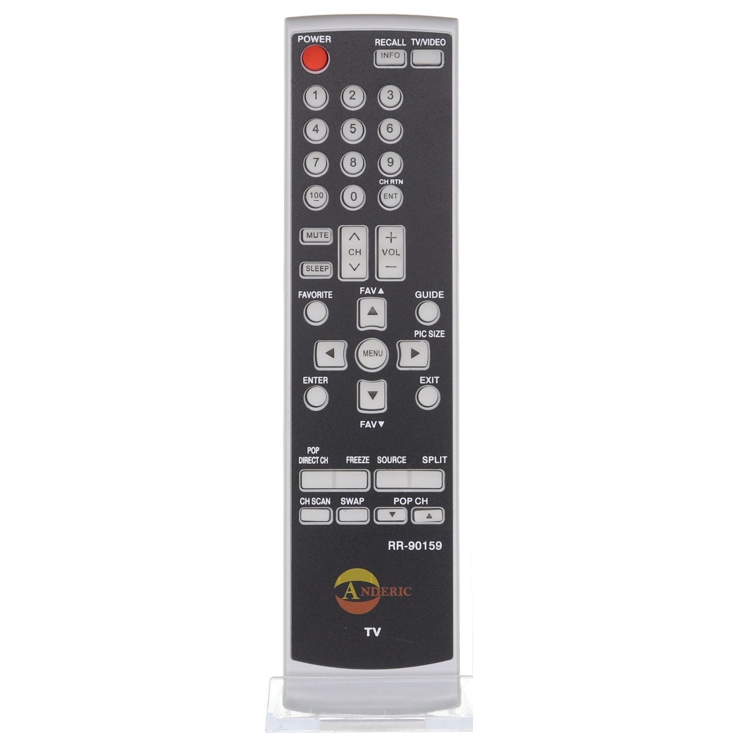 The image shows an Anderic CT90159 for TOSHIBA TV Remote Control in black, preprogrammed with power, volume, and channel buttons. It stands upright on a clear stand.