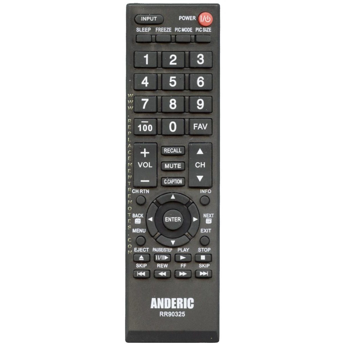 The Anderic RR90325 for Toshiba TV Remote Control is black with a number pad, power, volume, channel, and playback buttons; it's labeled "ANDERIC RR90325" and serves as a direct replacement for seamless compatibility with your Toshiba TV.