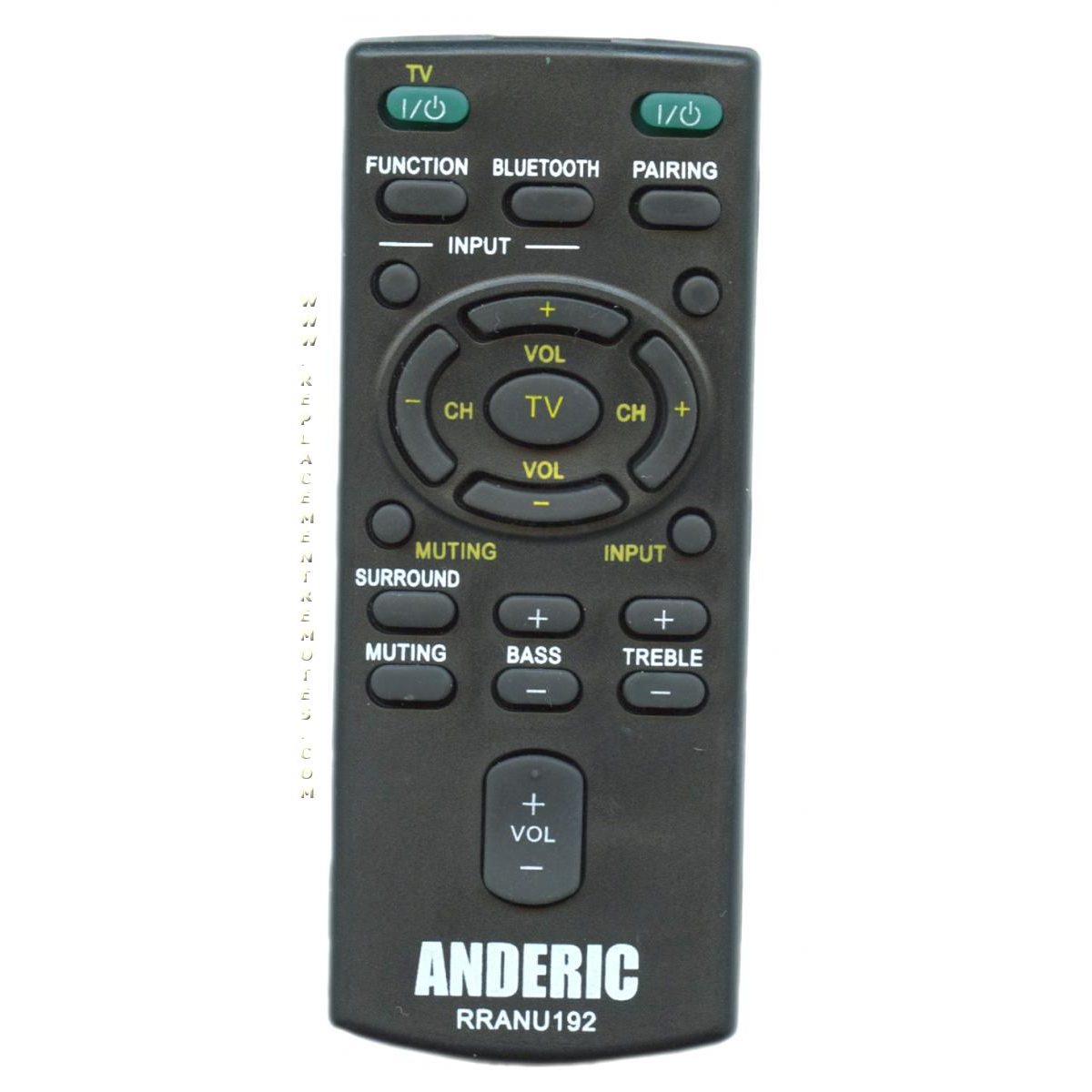 The Anderic RRANU192 for Sony Audio Remote Control in sleek black features buttons for TV, Bluetooth, volume, channel, input, surround sound, bass, and treble—ideal for enhancing your audio system.