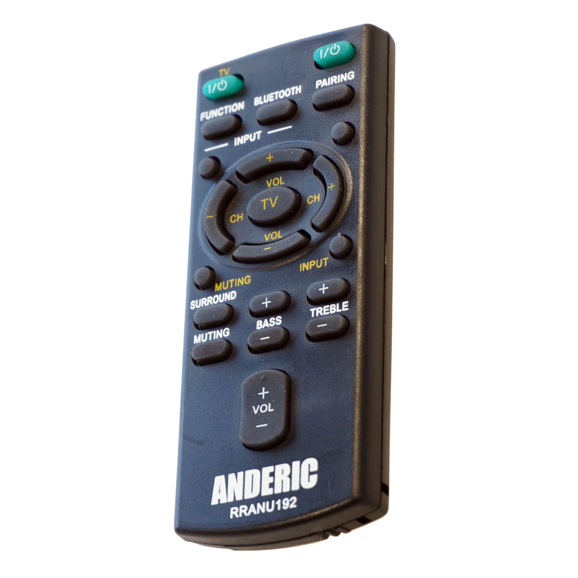 The Anderic RRANU192 remote for Sony audio systems is a black replacement featuring TV, Bluetooth, volume, channel, input, mute, and surround sound adjustment buttons.