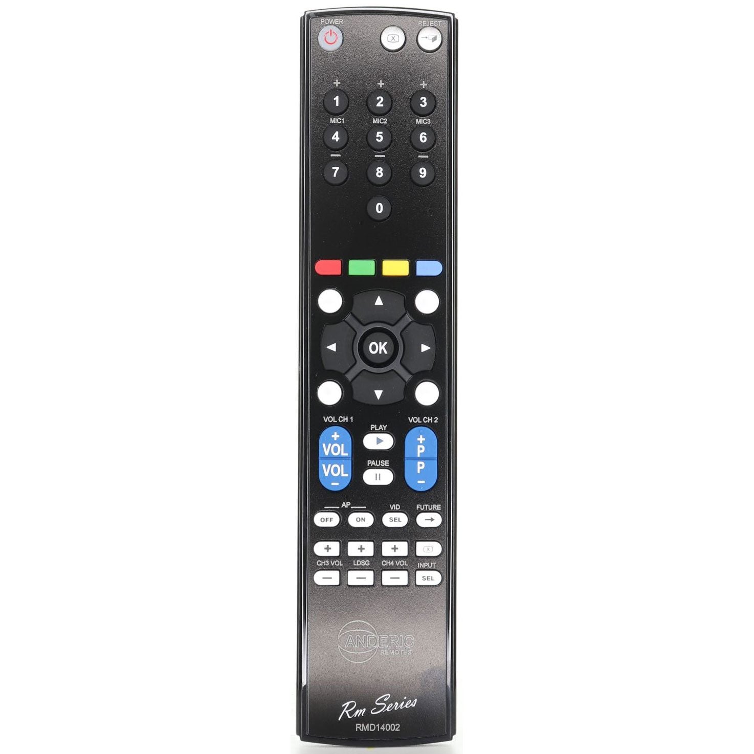 The Anderic RRJB02 / RMD14002 is a black universal remote emitting infrared signals with numerous buttons for numbers, volume, channel, and playback control. It's compatible with the Rowe AMI jukebox and labeled "Rm Series RMD-14002" at the bottom.