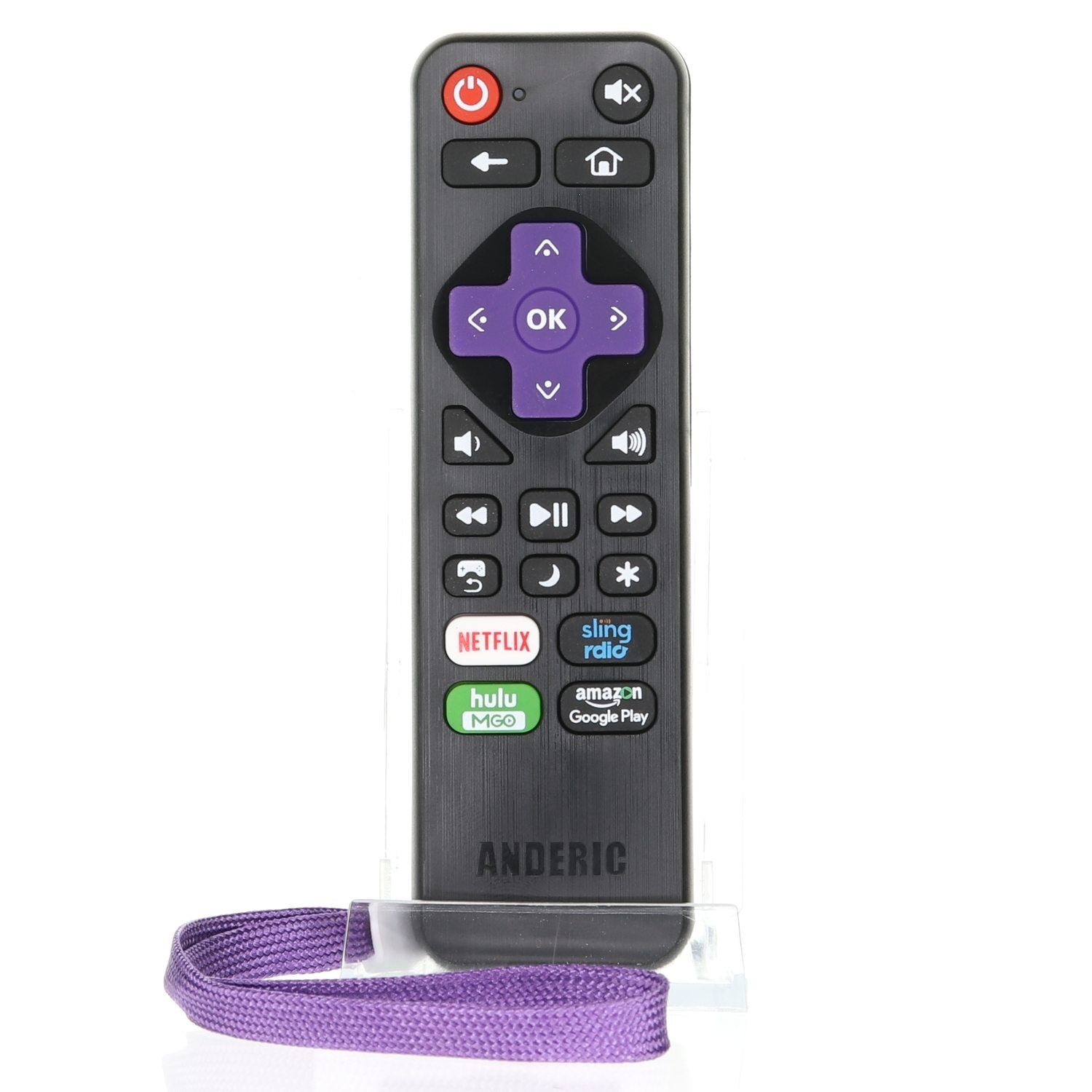 The Anderic RRLC16.2 universal remote features a purple navigation pad, buttons for Netflix, Sling, Hulu, Amazon, Google Play, and Roku TV compatibility. It includes a subtle purple wrist strap and is preprogrammed for Sharp Roku TVs.