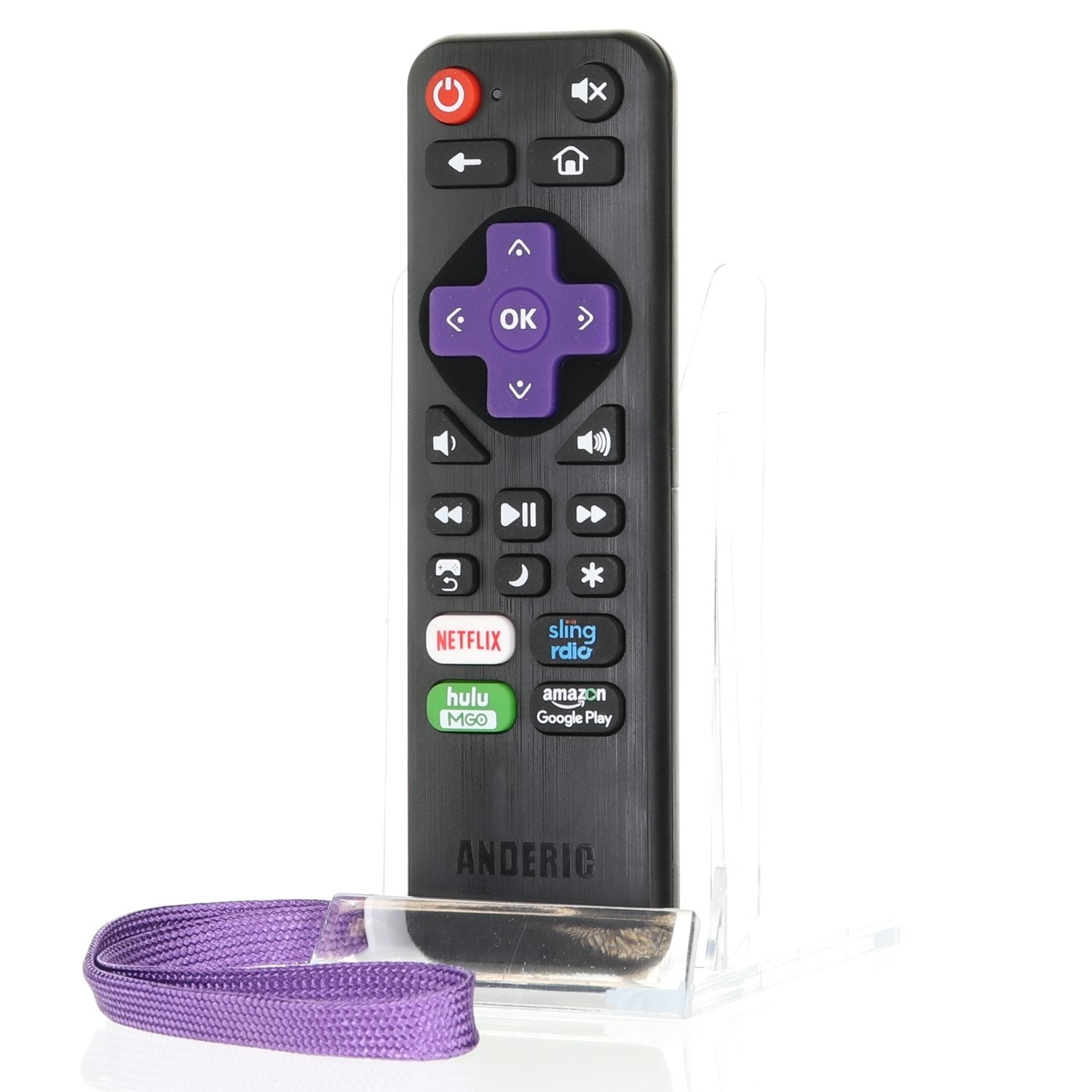 The Anderic RRLC16.2 Roku TV remote, compatible with Sharp Roku and other TVs, features purple direction and streaming buttons (Netflix, Hulu, Sling, Amazon). It comes with a purple wrist strap for easy handling and is displayed in a clear stand.